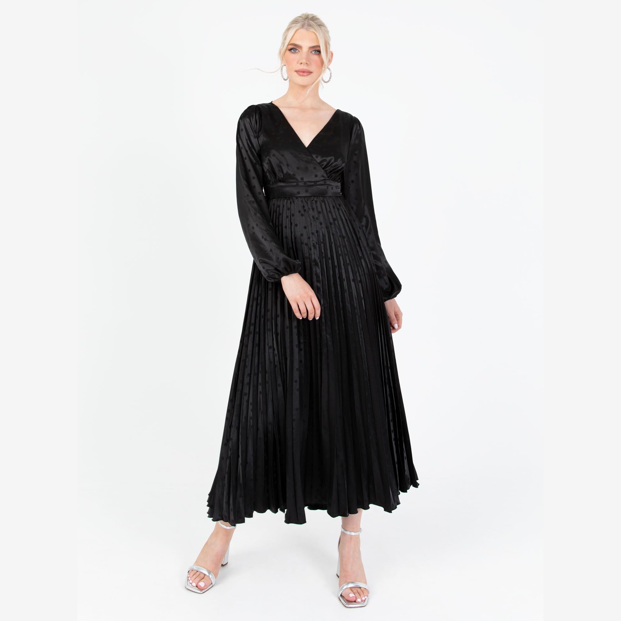 Lovedrobe Women's Midaxi Dress Ladies Pleated Satin V-Neck Long Bishop Sleeve Empire A-Line for Evening Occasion Party Prom Ball Vestido, Negro, 42 para Mujer