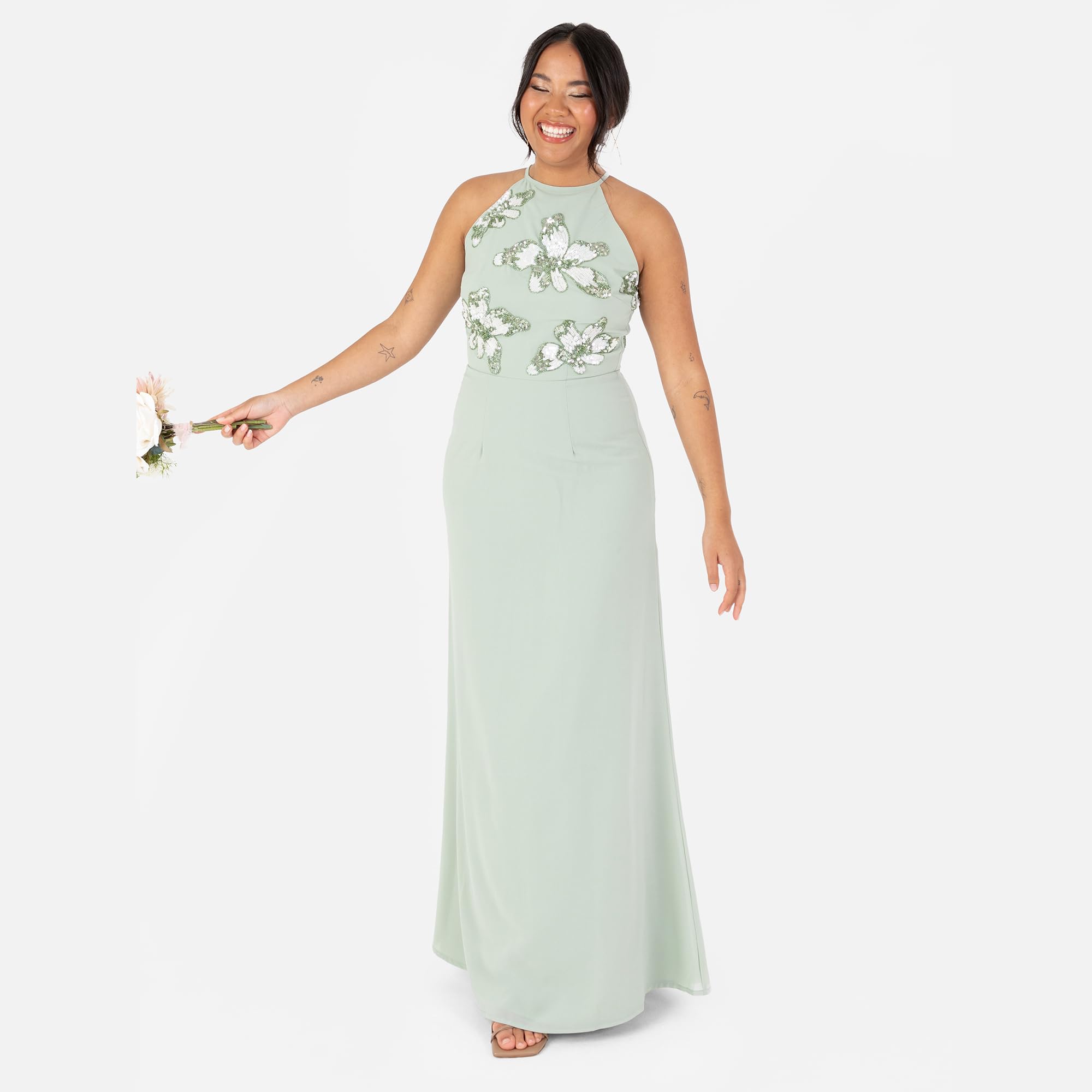 Maya Deluxe Women's Maxi Dress Ladies Sleeveless Halterneck Floral Sequin Embellished A-Line for Wedding Guest Evening Ball Gown Vestido, Green Lily, 38 para Mujer