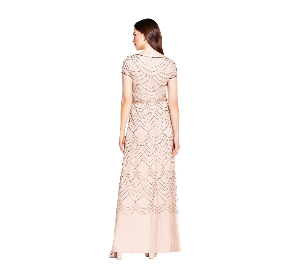 Adrianna Papell Women's Short Sleeve Blouson Beaded Gown, Taupe/Pink, 14