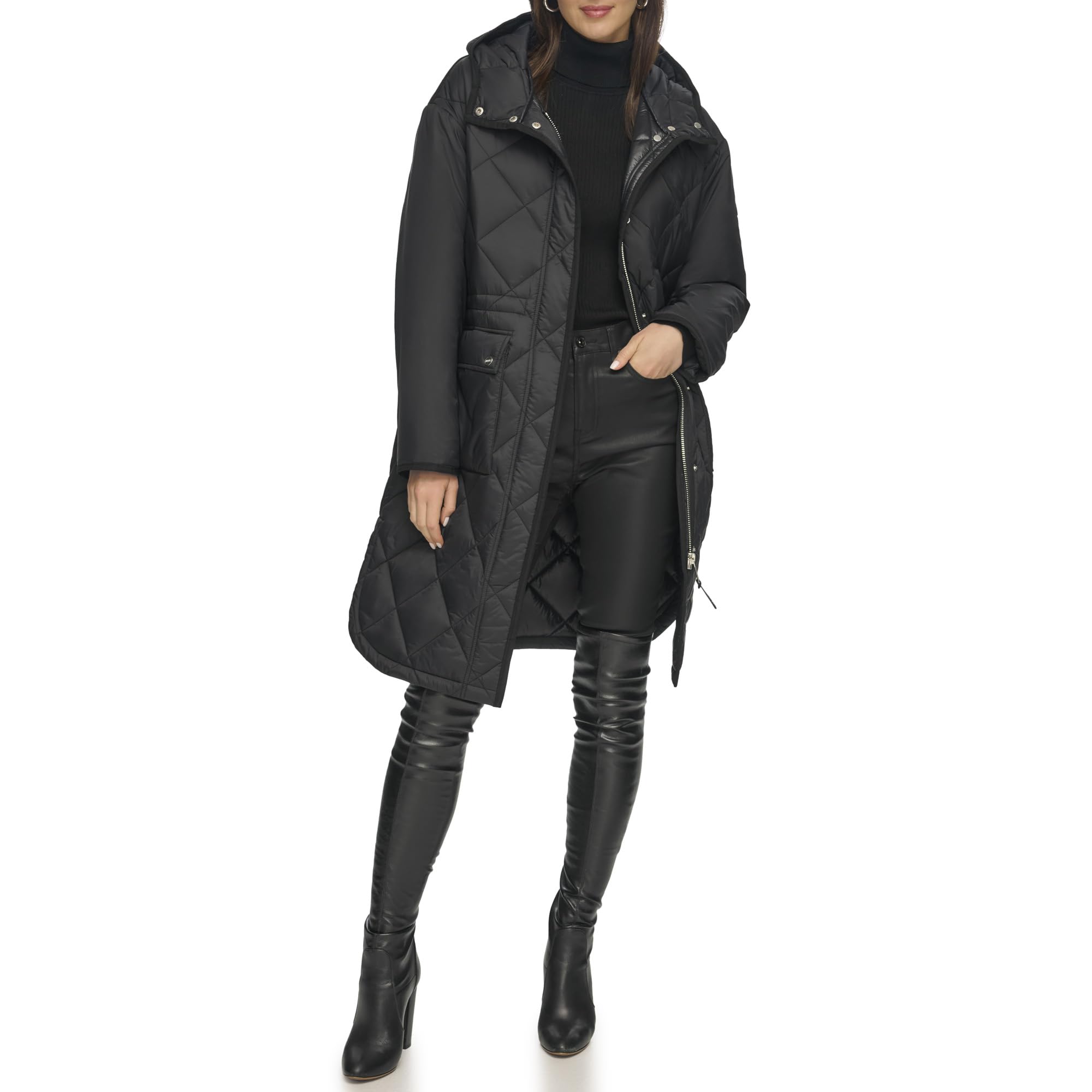 DKNY Button Down Long Quilted Coat Colcha, Black, XS De Las Mujeres