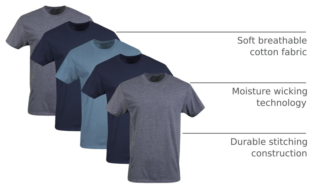 Gildan Men's Crew T-Shirts, Multipack, Style G1100, Navy/Heather Navy/Indigo Blue (5-Pack), Large