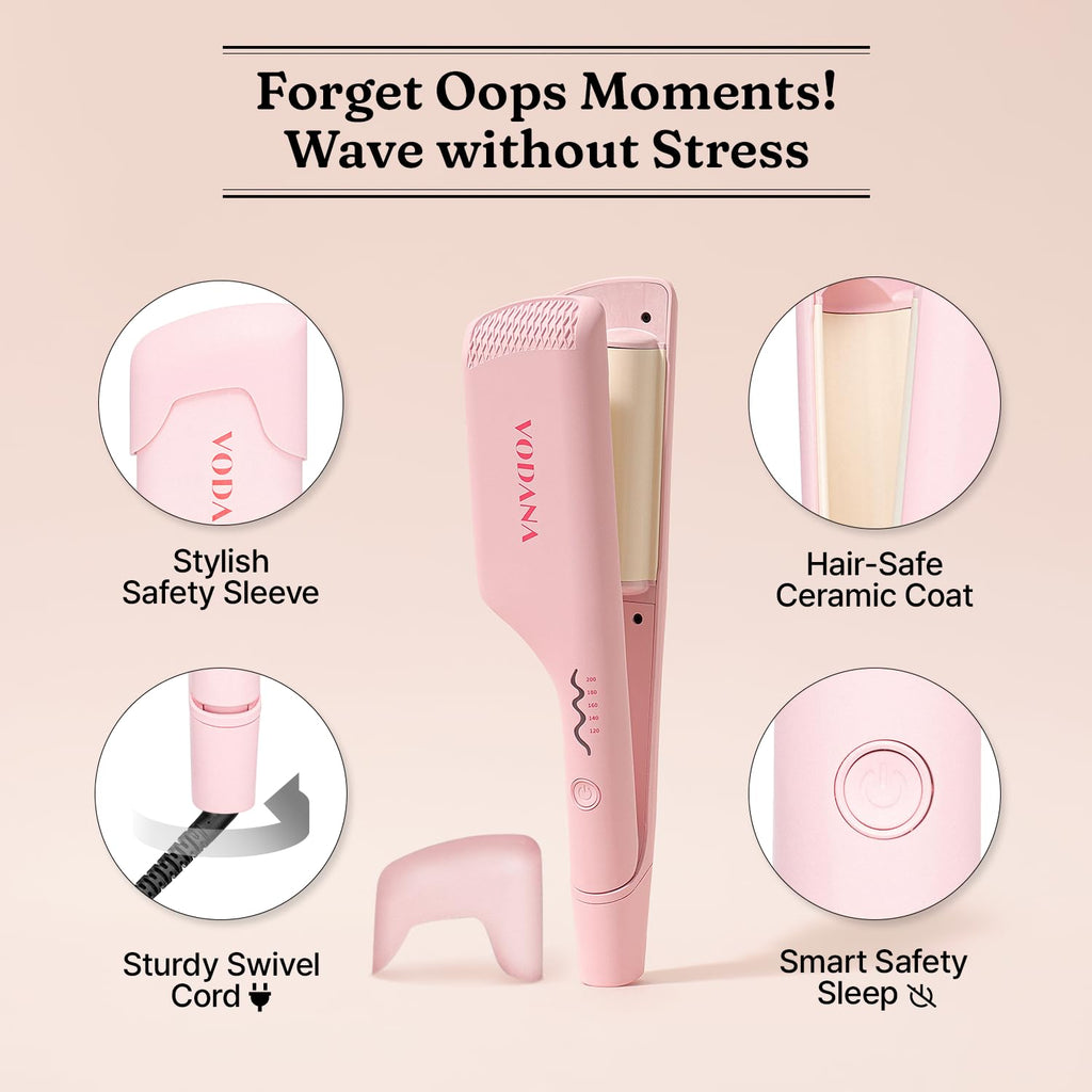 VODANA Professional Triple Flow Ceramic Hair Waver, Easy Beach Wave, Embedded, Light Double Barrel Wave Iron for Wide Deep Waves (1.25 inch, Pink Vanilla)