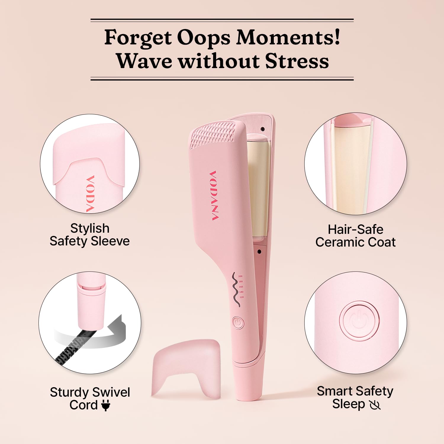 VODANA Professional Triple Flow Ceramic Hair Waver, Easy Beach Wave, Embedded, Light Double Barrel Wave Iron for Wide Deep Waves (1.25 inch, Pink Vanilla)