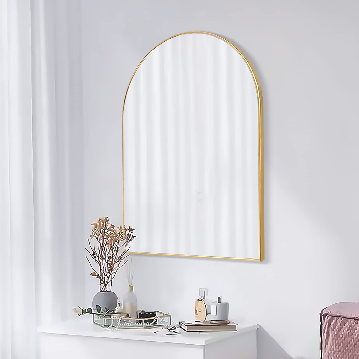 FINEWF 30x20 Arch Mirror Rectangle Wall Mounted Aluminum Alloy Metal Frame HD Glass Dressing Make-up for Bathroom Entryway Bedroom Living Room 30 20 inch Gold