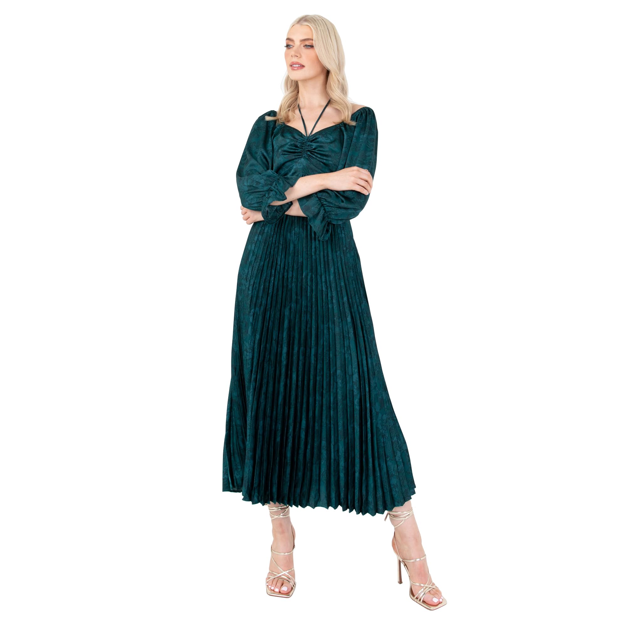 Lovedrobe Women's Midaxi Dress Ladies Emerald Green Pleated Empire A-Line High Waist Tie Neck Wedding Guest Cocktail Evening Prom Vestido, 40 para Mujer