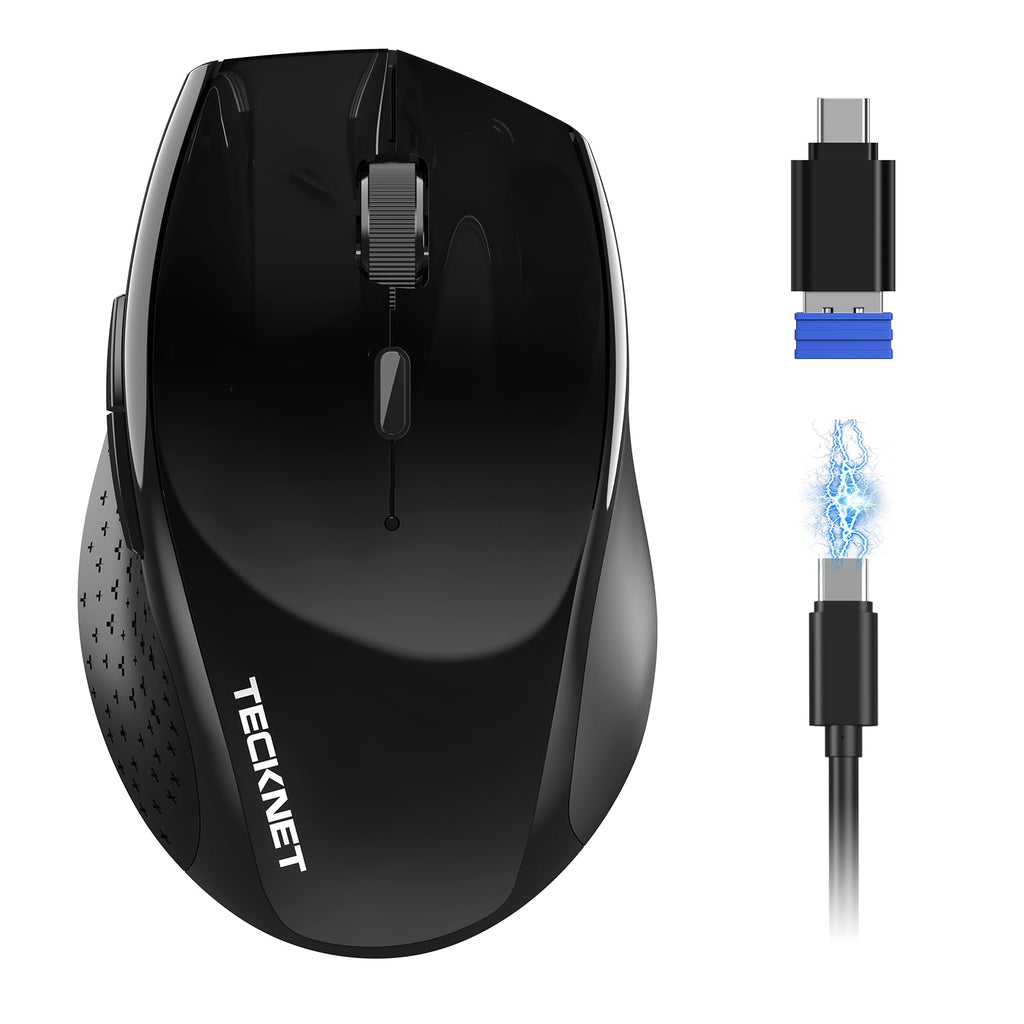 TECKNET Pro Bluetooth Mouse, Tri-Mode Rechargeable Mouse with USB-C Adapter