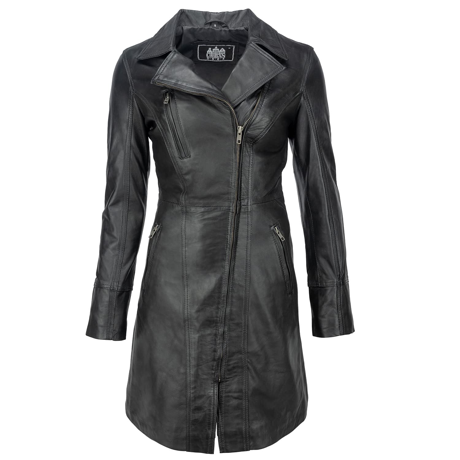 URBAN 5884 JANICE Ladies | Chaqueta de Cuero Mujer |Elegante Chaqueta de Piel de Cordero Suave para Mujeres | Modelo largo | Negro | M