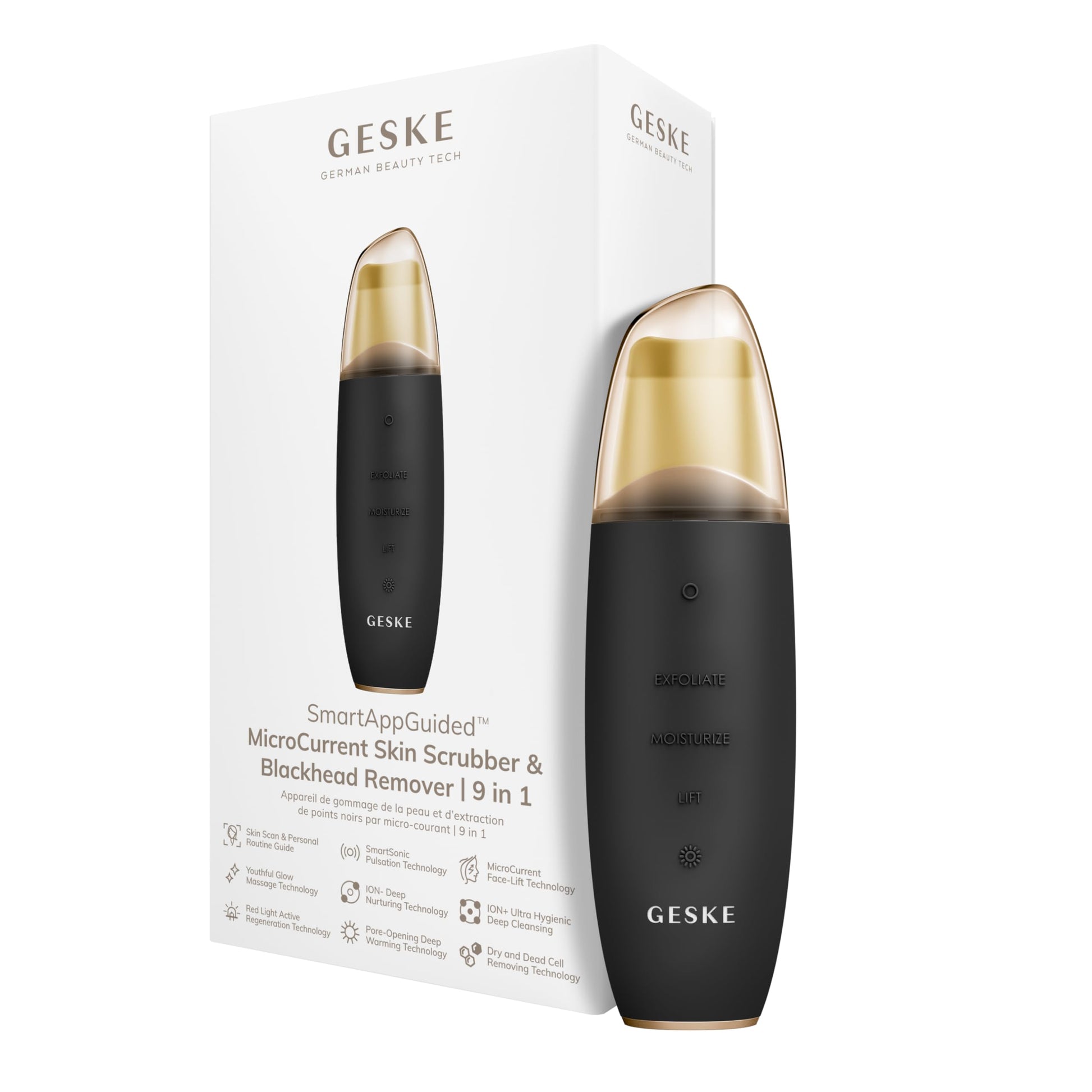 GESKE SmartAppGuided™ MicroCurrent Skin Scrubber & Blackhead Remover | 9 in 1 | Skincare tool | Pores cleaner | Anti-aging and cleansing | Professional face lift | Blackheads removal & extraction