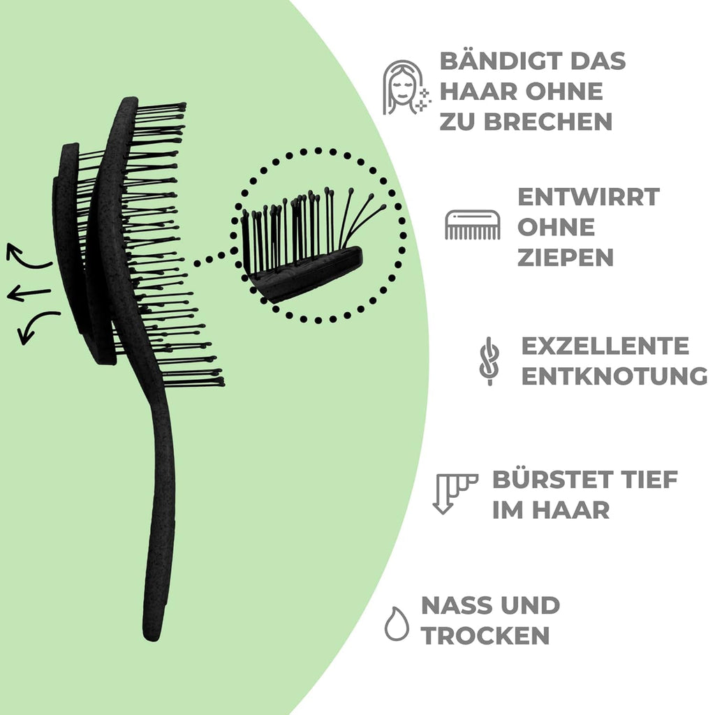 Ninabella Bio Haarbürste ohne Ziepen für Damen, Herren & Kinder - Entwirrbürste auch für Locken & Lange Haare - Einzigartige Profi Detangler-Bürste mit Spiralfeder - Schwarz