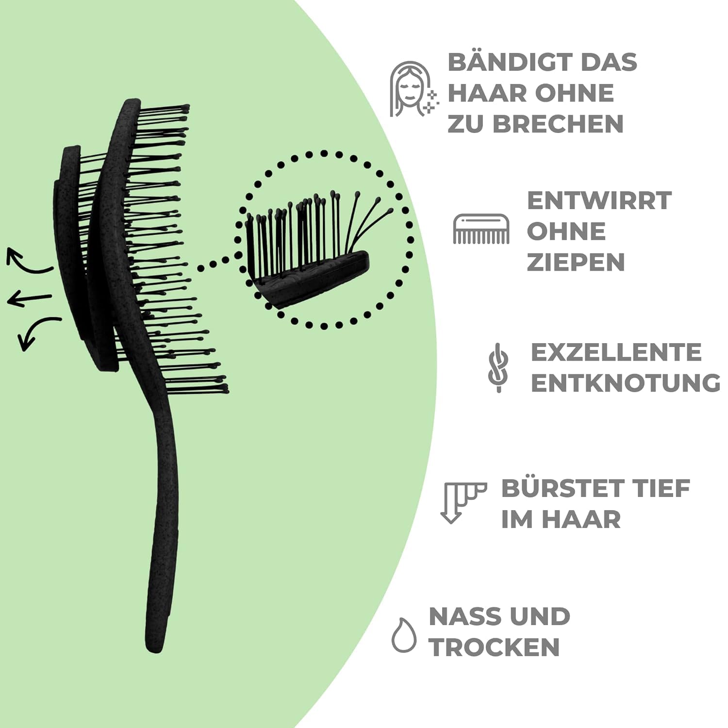 Ninabella Bio Haarbürste ohne Ziepen für Damen, Herren & Kinder - Entwirrbürste auch für Locken & Lange Haare - Einzigartige Profi Detangler-Bürste mit Spiralfeder - Schwarz