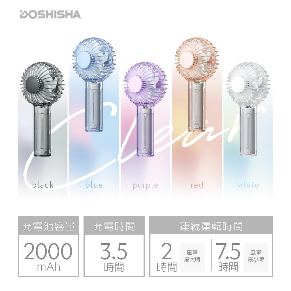 Doshisha FSA-54B BL Handy Fan, Small, Rechargeable (Type-C), 4 Levels of Airflow, Clear Handy Fan, Blue