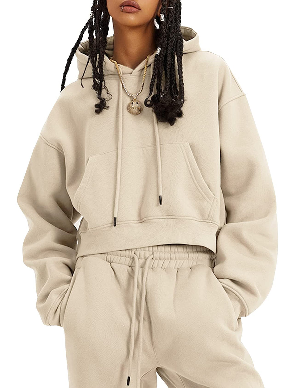 Flygo Conjunto deportivo de 2 piezas de forro polar para mujer, sudadera corta y pantalones deportivos, Grisclaro, M