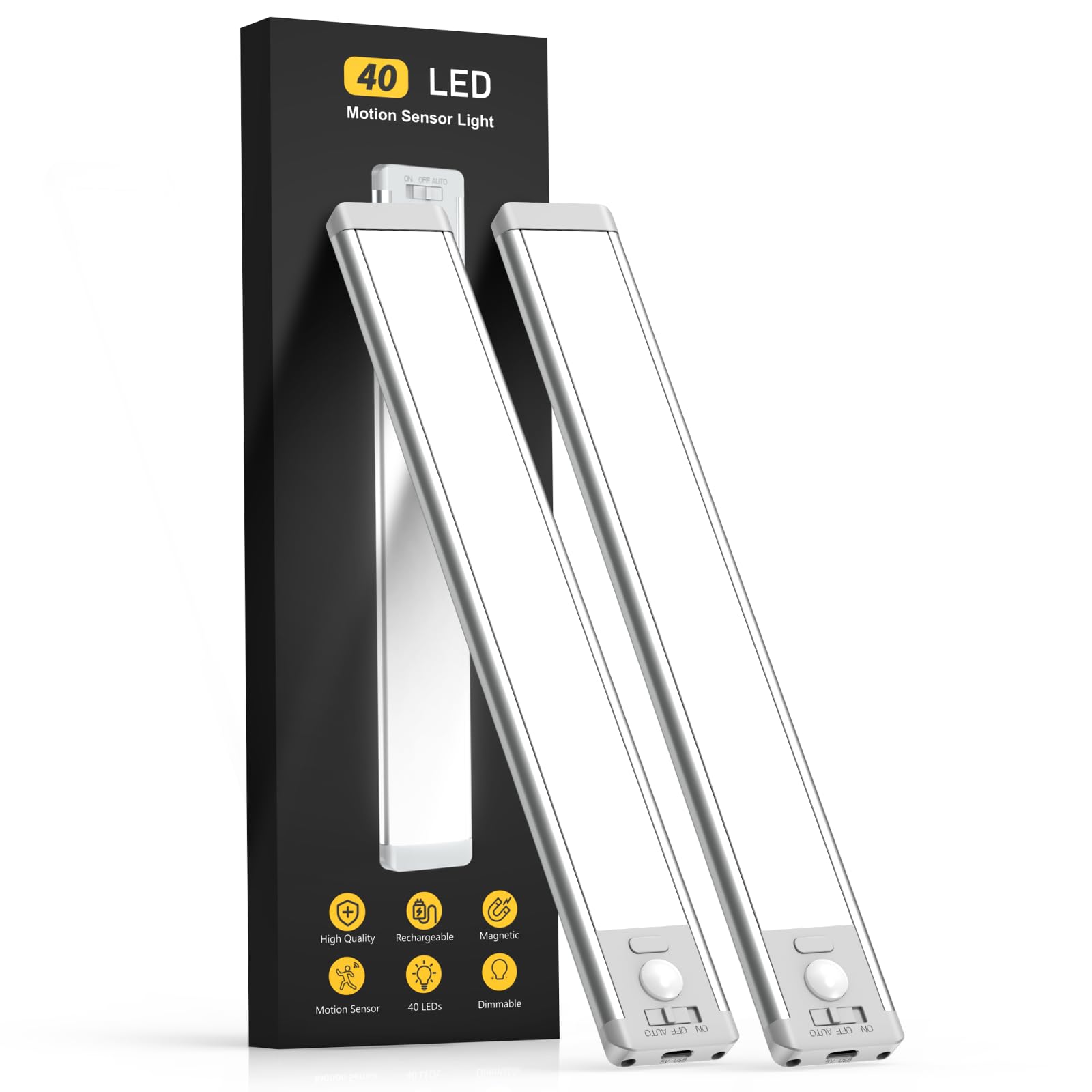 MCGOR 10inch Under Cabinet Lighting, 2 Pack Rechargeable Motion Sensor Light Indoor, 5 Levels Dimmable Magnetic Closet Lights, Wireless Under Counter Lights for Kitchen, Stairs