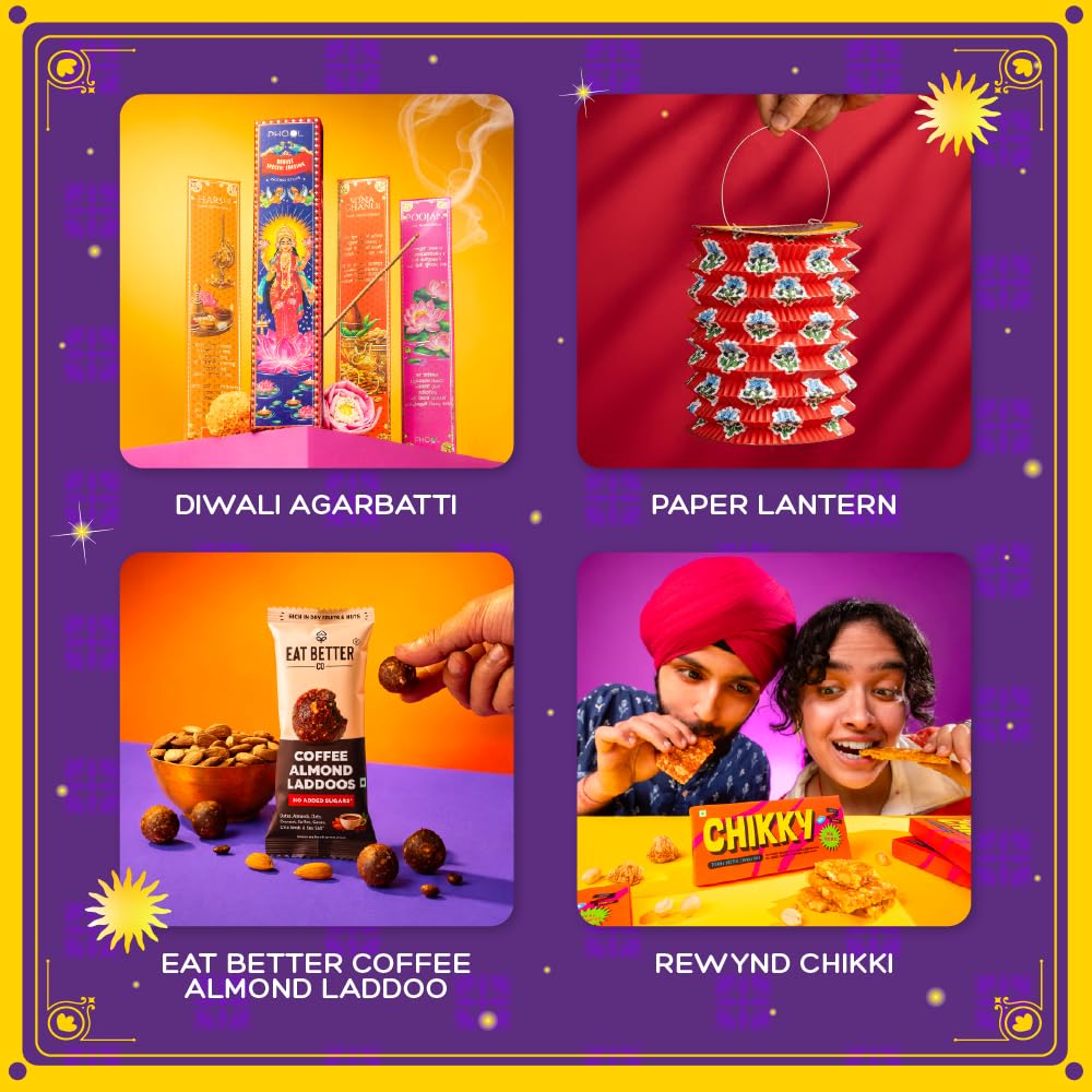Phool 10 item Shubh Diwali Popup with Lantern Giftbox - Diwali gift hamper with dry fruit ladoo, bombay bhel chikki, diya, candles and more. Gift for Family & Corporate Gifting 2026