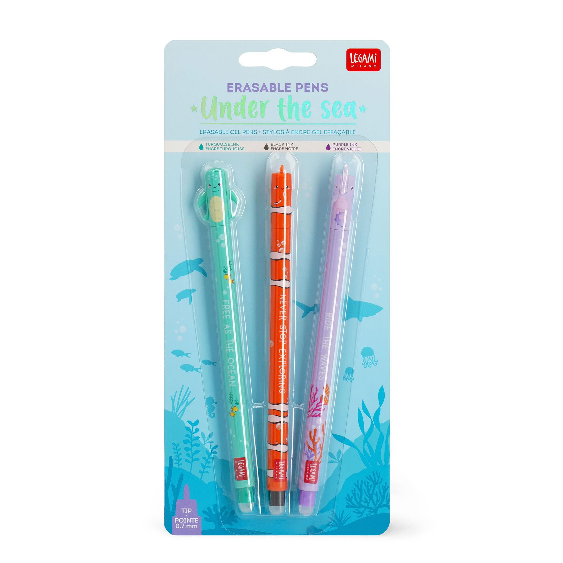 LEGAMI - Set of 3 Erasable Gel Pens, Under the Sea, Pens with Thermosensitive Erase Ink, Turquoise, Black, Purple, Erasable Pen Marine, Erasable Pen Without Consuming the Sheet, 0.7mm Tip