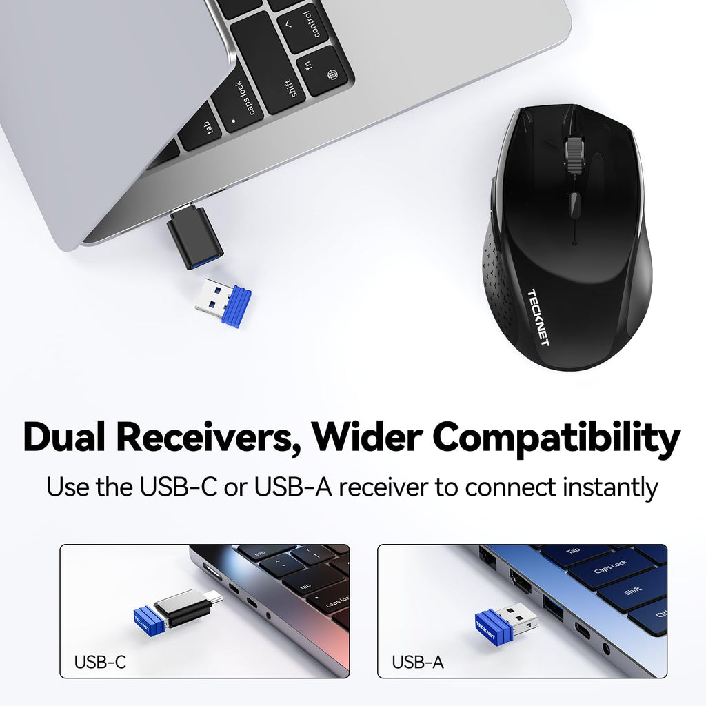 TECKNET Pro Bluetooth Mouse, Tri-Mode Rechargeable Mouse with USB-C Adapter