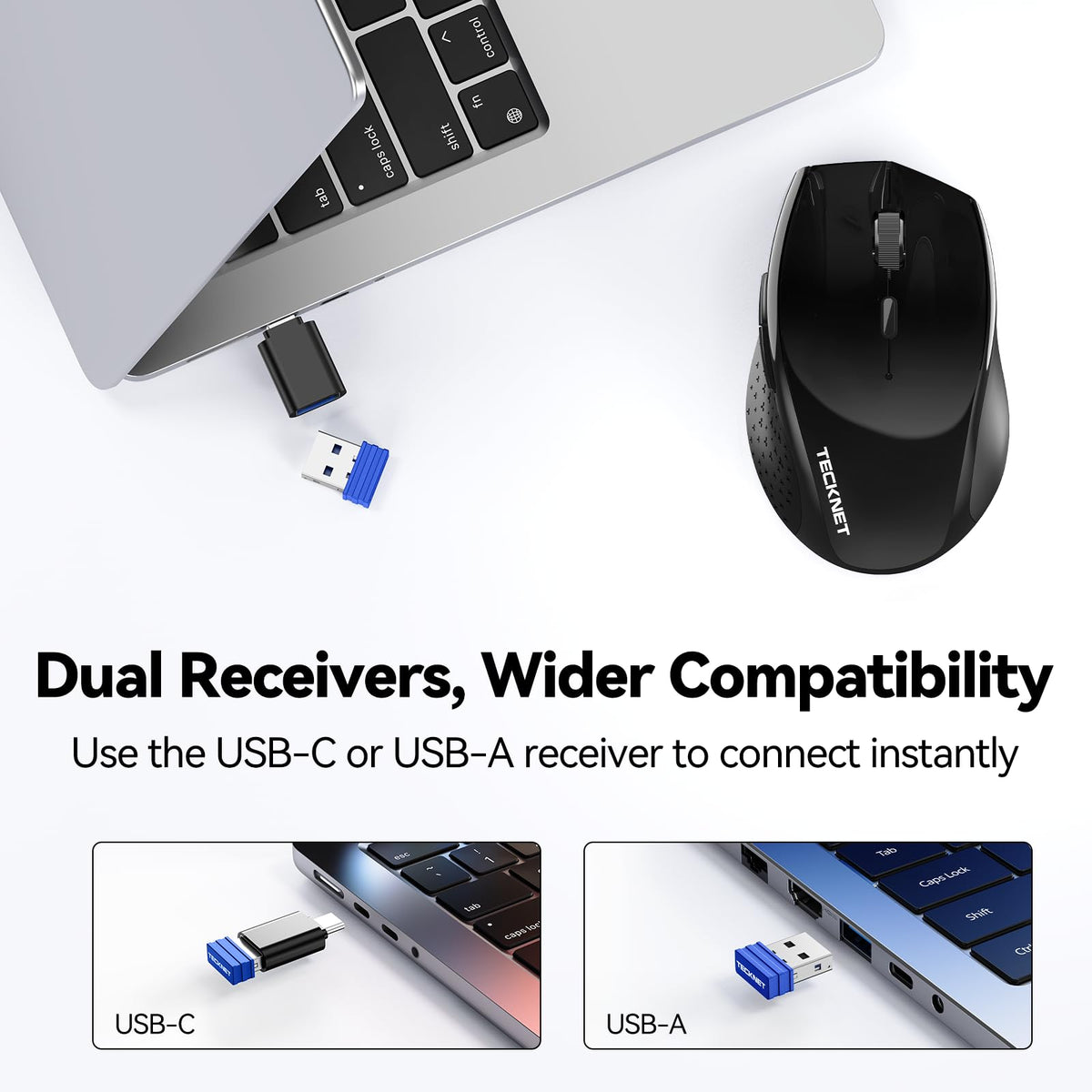 TECKNET Pro Bluetooth Mouse, Tri-Mode Rechargeable Mouse with USB-C Adapter
