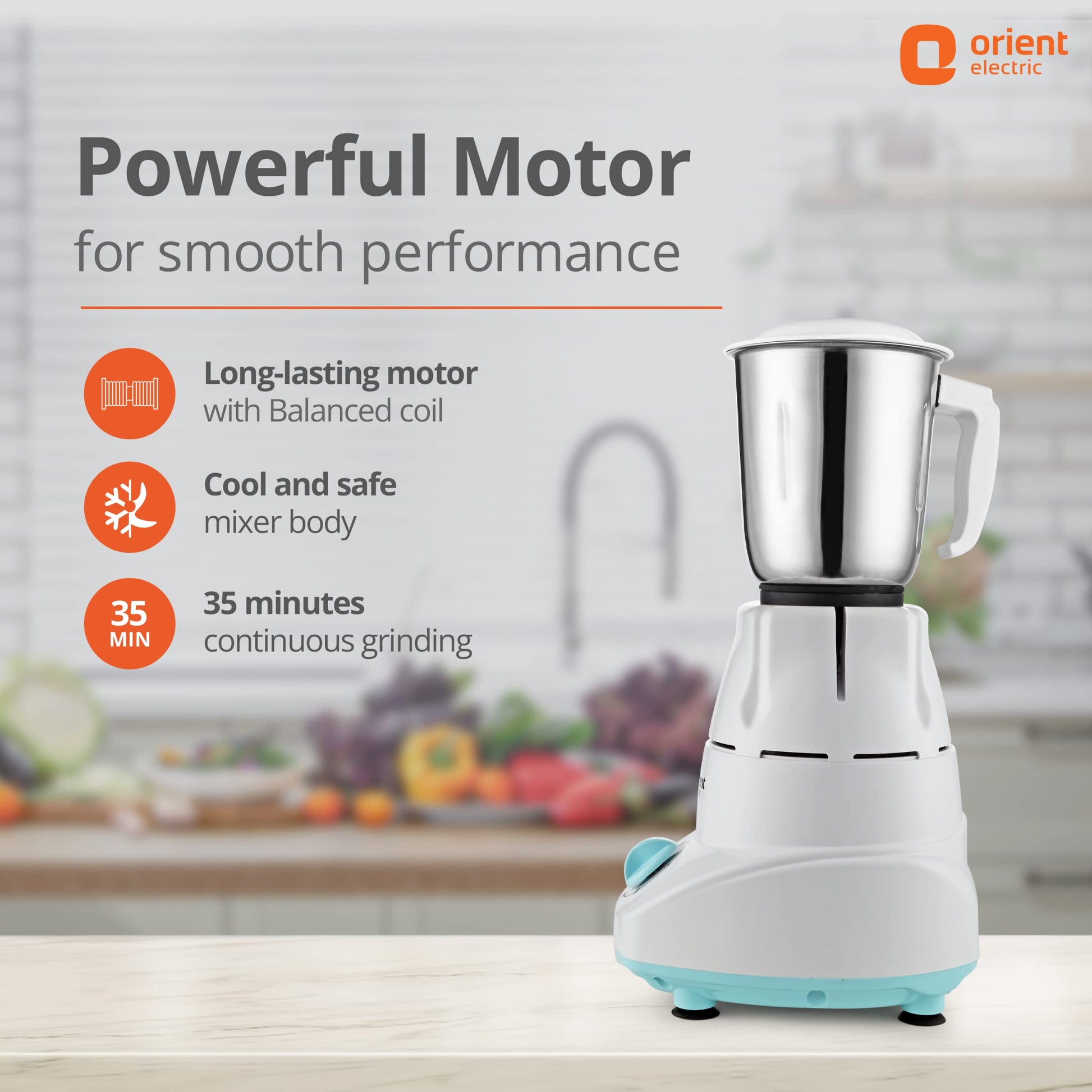 Orient Electric 500W mixer grinder | Kitchen Kraft 500 MGKK50B3 with 3 SS jars | Longer life balanced coil motor | ABS body | Uniform grinding | 5 years motor warranty