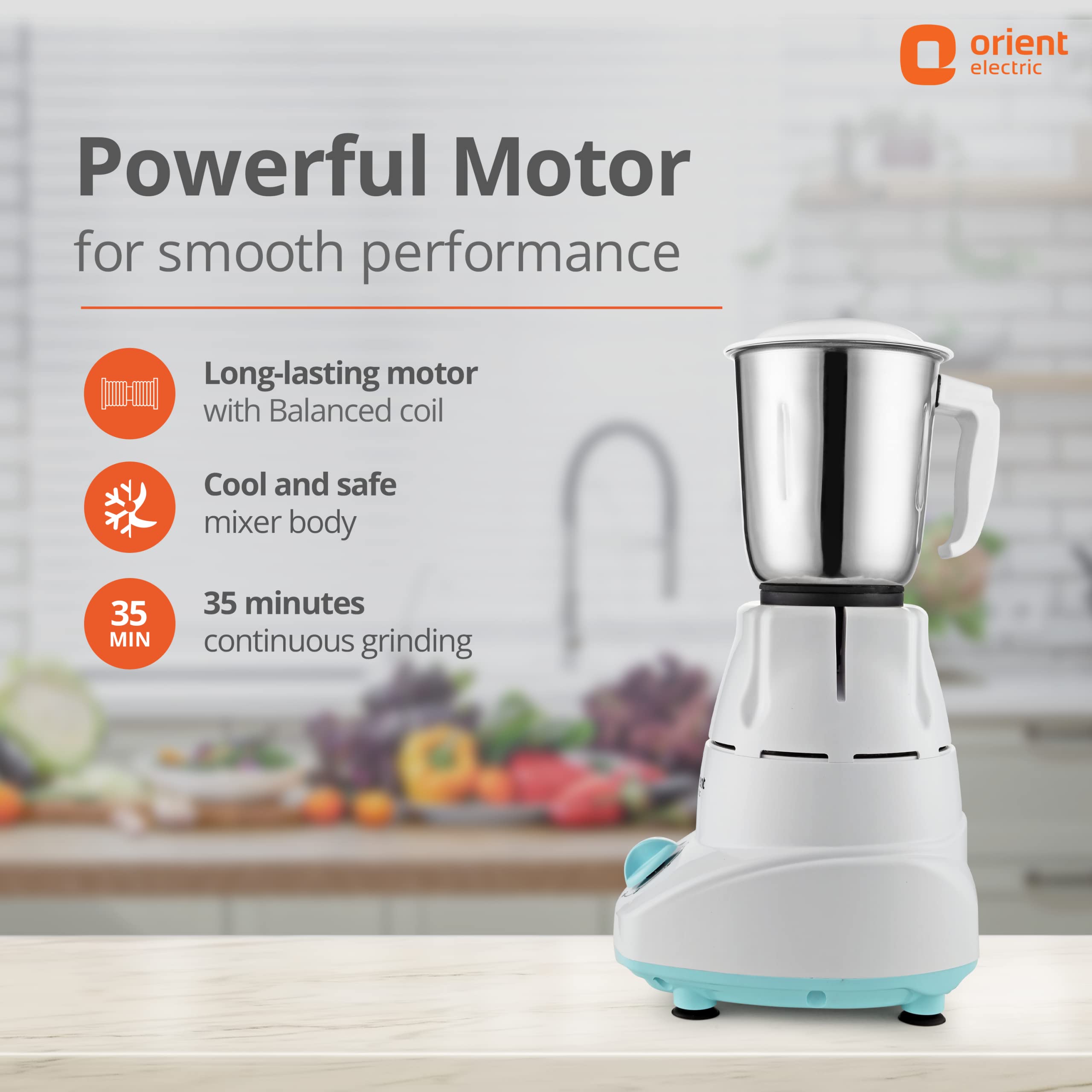 Orient Electric 500W mixer grinder | Kitchen Kraft 500 MGKK50B3 with 3 SS jars | Longer life balanced coil motor | ABS body | Uniform grinding | 5 years motor warranty
