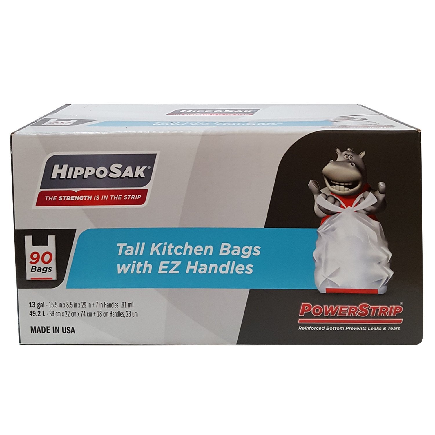 Hippo Sak - Tall Kitchen Garbage Bags with Ergonomic Handles - 13 Gallon Trash Bags - Super Strong, Patented Reinforced Bottom and Leak Proof Tall Kitchen Trash Bags - Heavy Duty Trash Bags (90 Count)