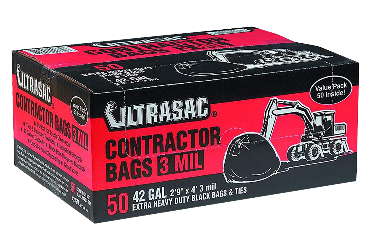 Ultrasac Heavy Duty Contractor Bags (VALUE 50 PACK/w TIES), 42 Gallon, 32.75" X 47" - 3 MIL Thick Large Black Industrial Garbage Trashbags for Construction and Commercial use