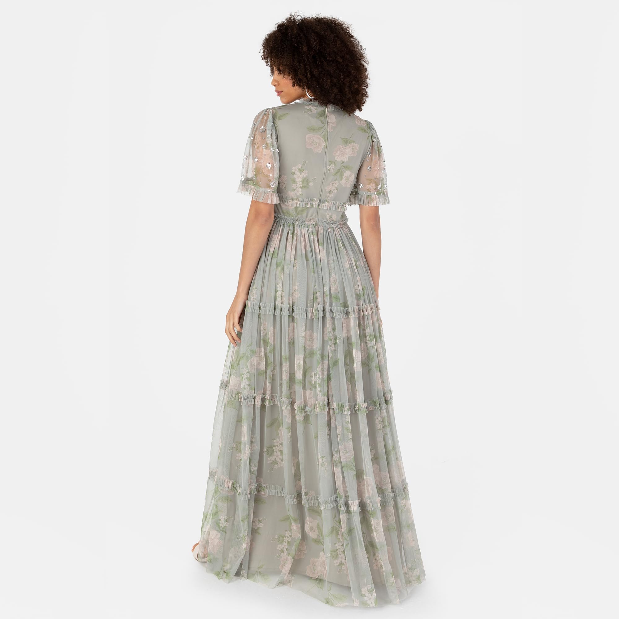 Anaya with Love Women's Maxi Dress Ladies V-Neck Short Angel Sleeves Tiered Ruffle For Bridesmaid Wedding Guest Occasion Prom Ball Gown Vestido, Floral Sage Green, 44 para Mujer