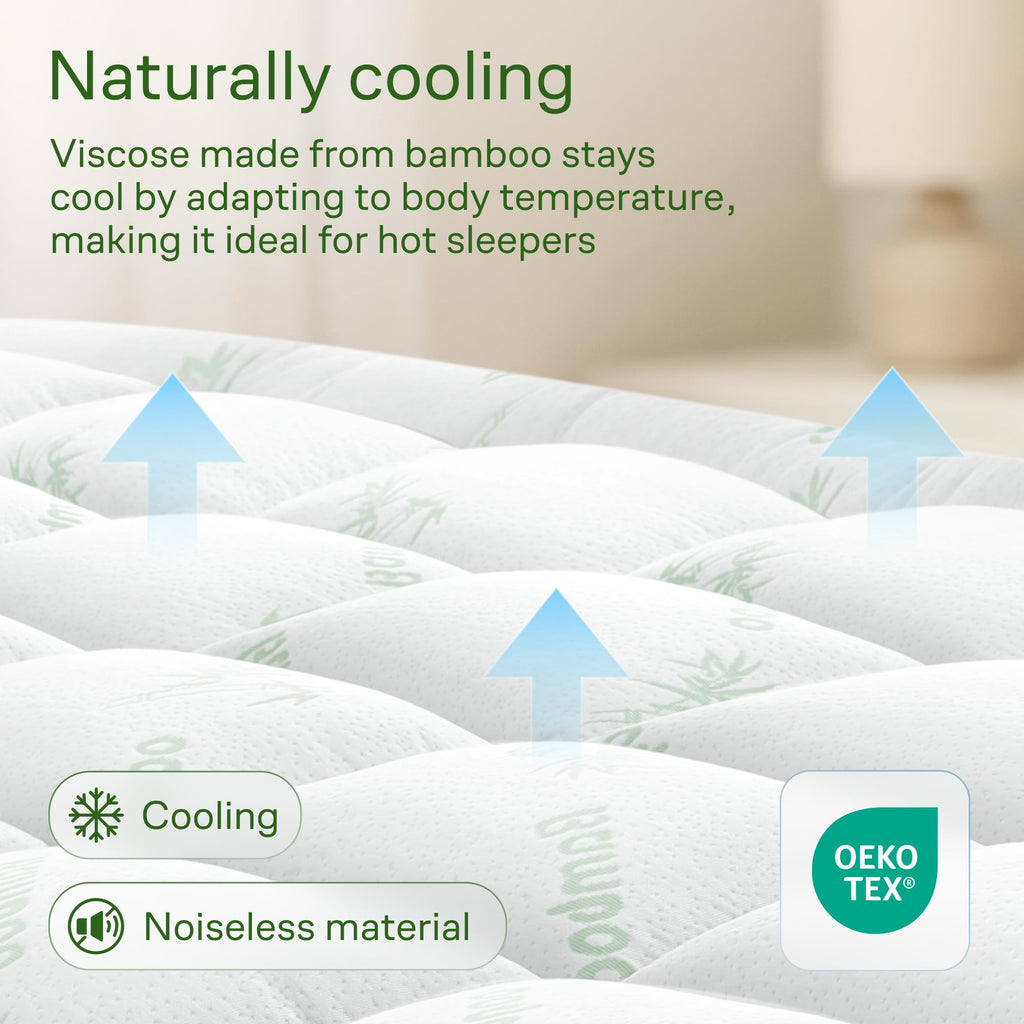 Bamboo Mattress Topper Queen Size - Thick Breathable Pillow Top Mattress Pad for Back Pain Relief - Deep Pocket Topper Fits 8-20 Inches (60x80 Inches, Green)