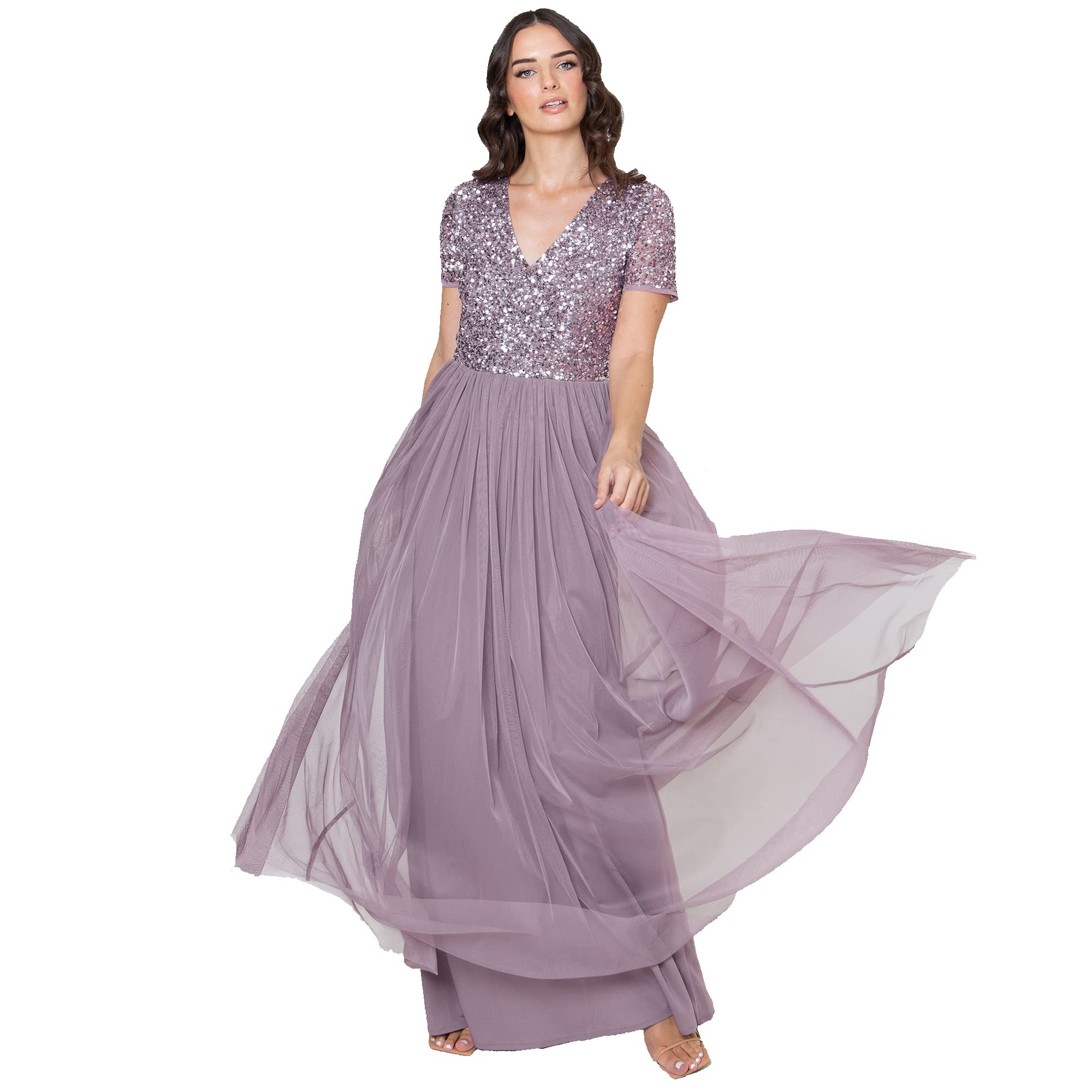 Maya Deluxe Women's V Neckline Embellished V Neck Maxi Dress Short Sleeve Empire Waist Prom Graduation Bridesmaid Wedding Guest Vestido de Dama de Honor, Moody Lilac, 28 para Mujer