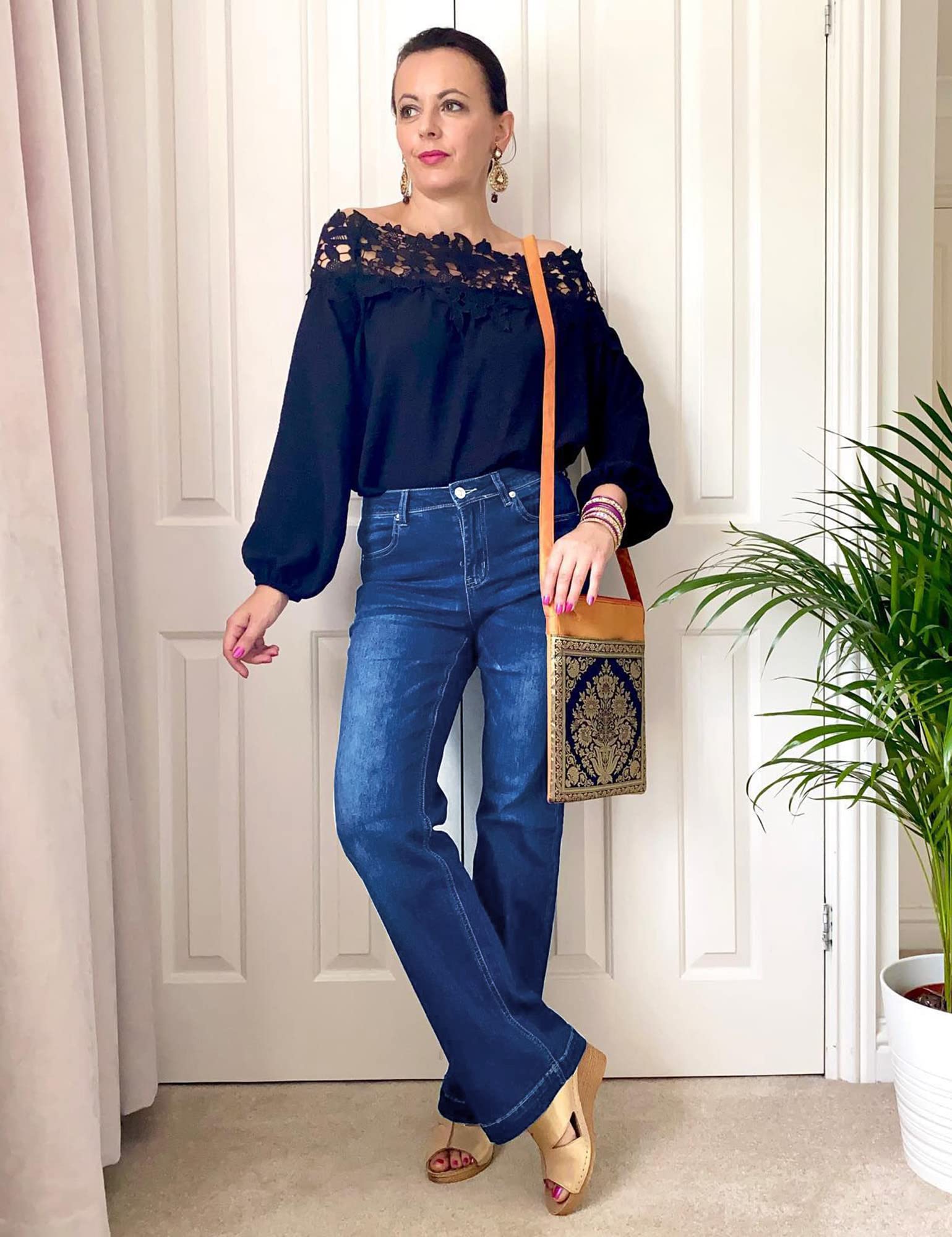 GRAPENT Women's 90s Outfit Jeans High Waisted Stretchy Jeans Bootcut Bell Bottom Jeans Petite Color Dark Blue Size 4 Size 6
