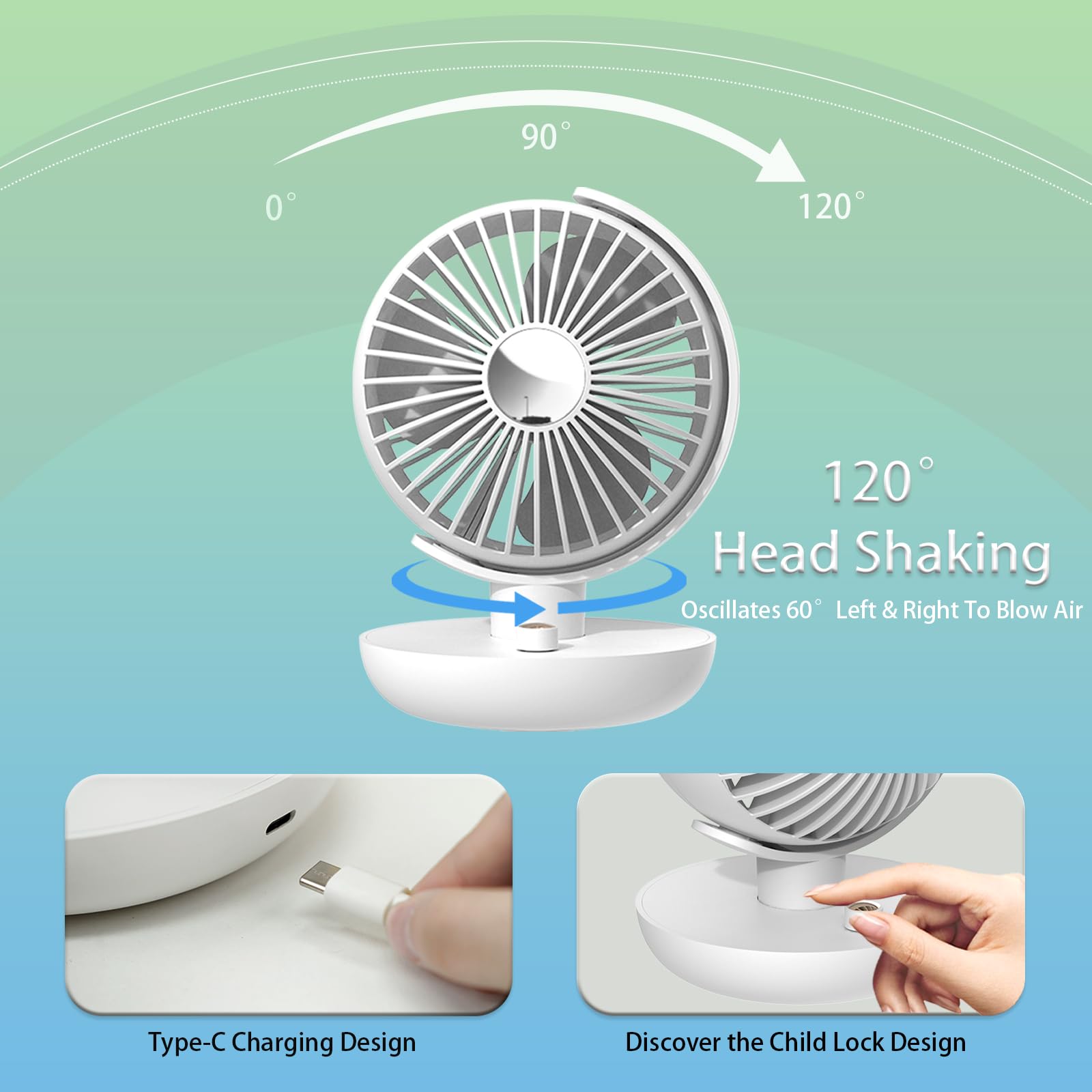 Desk Fan, 5600mAh Adjustable Angle Battery Operated Fan with 3 Wind Speed Safety Child Lock Low Power Reminder, Low Nosie Portable Fan for Bedroom Home Office (White)