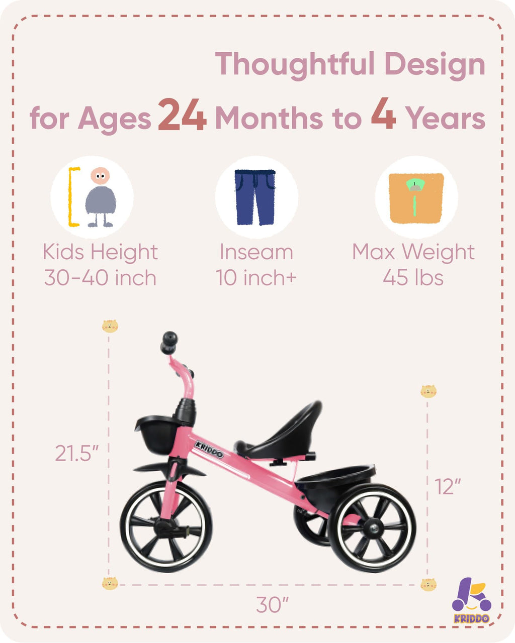 KRIDDO Tricycle for 2-5 Year Olds - Pink Toddler Trike With Gift for 24 Month to 4 Year Old Girls