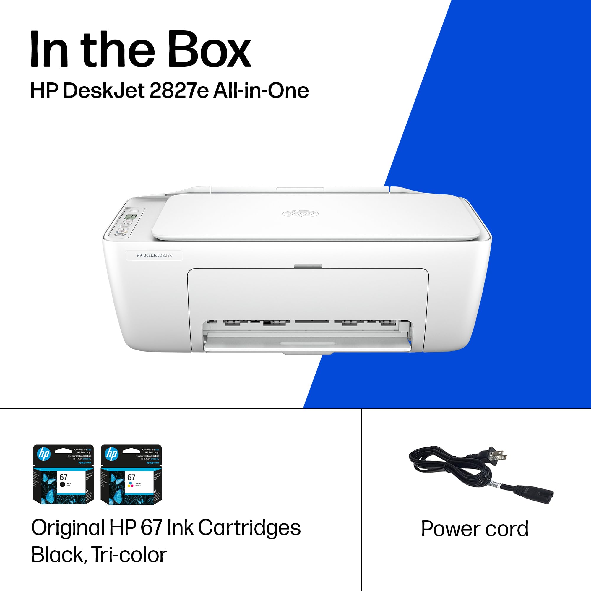 HP DeskJet 2827e Wireless All-in-One Color Inkjet Printer, Scanner, Copier, Best-for-Home, 3 Month Instant Ink Trial Included, AI-Enabled (6W7F5A)
