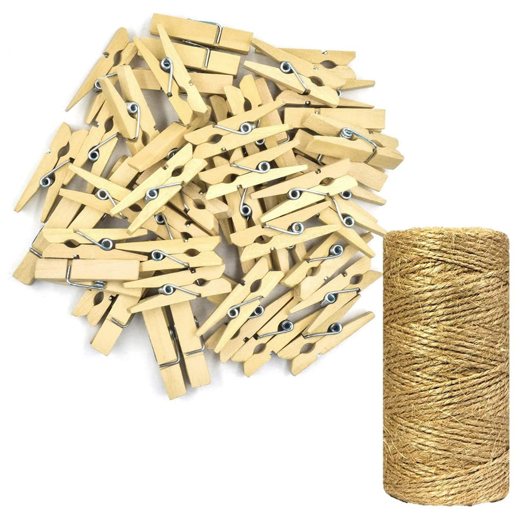 ecofynd 30 pcs Mini Natural Wood Pin for Photos, Wooden Small Photo Clips, Mini Close Pins for Pictures, Display Artwork, Little Baby Shower (CS3002) (30 Pieces + Jute Rope, Natural Clips)