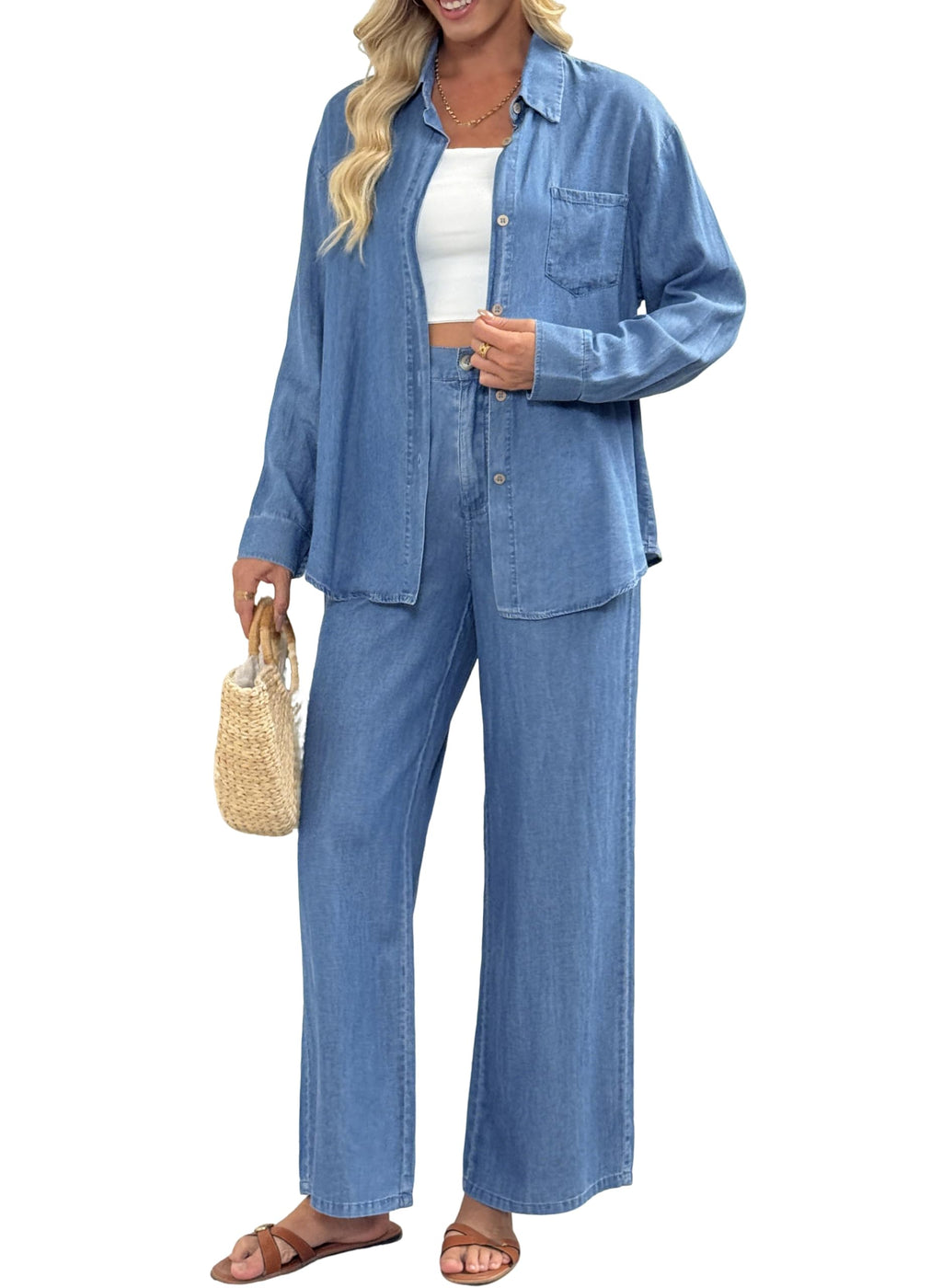 Fakanhui Damen-Denim-Jeans, 2-teiliges Outfit, leicht, langärmelig, Button-Down-T-Shirt, Bluse, Top, Sommer, lässige Hose, Hell, blau, L