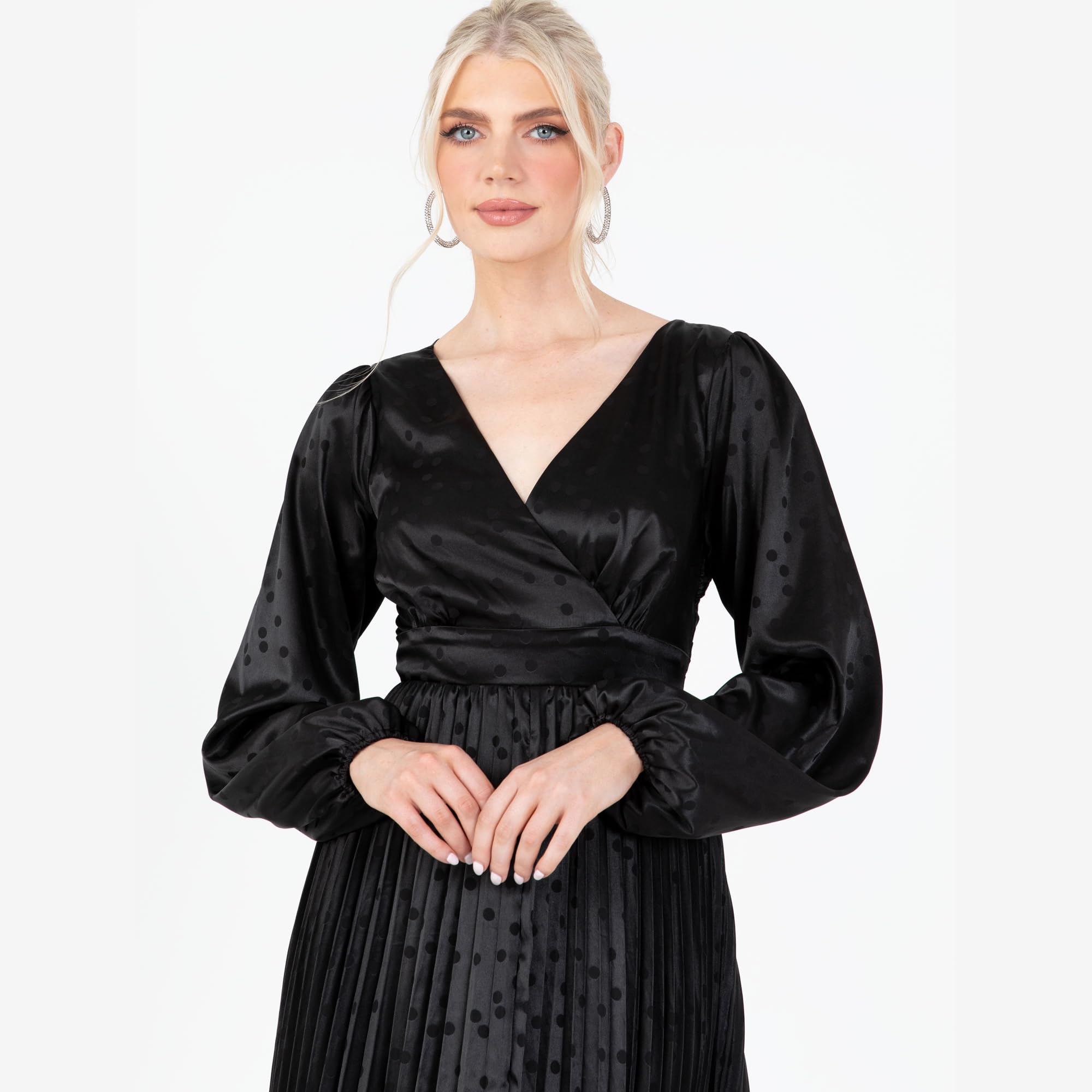 Lovedrobe Women's Midaxi Dress Ladies Pleated Satin V-Neck Long Bishop Sleeve Empire A-Line for Evening Occasion Party Prom Ball Vestido, Negro, 42 para Mujer