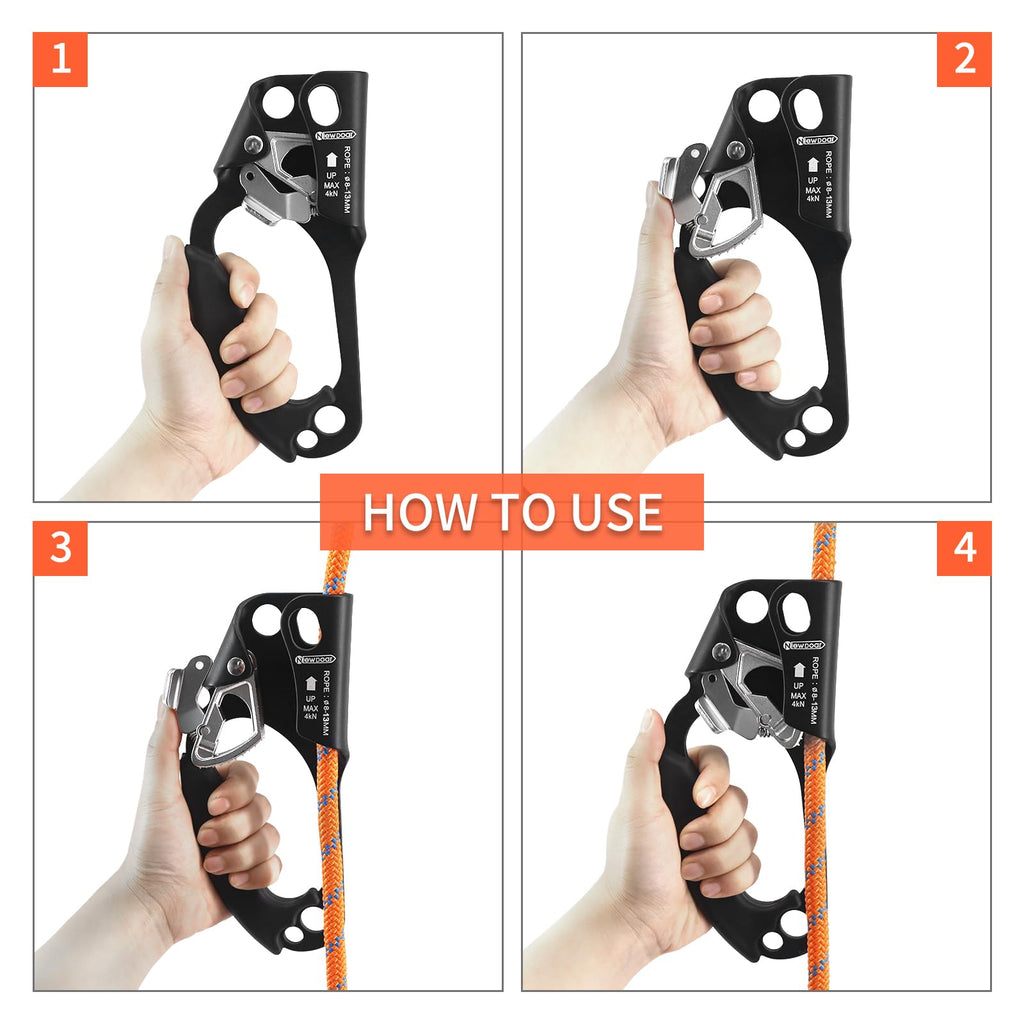 NewDoar Left Hand Ascender Rock Climbing Tree Arborist Rappelling Gear Equipment CE Certified Rope Clamp for 8~12MM Rope(Left Hand Black)