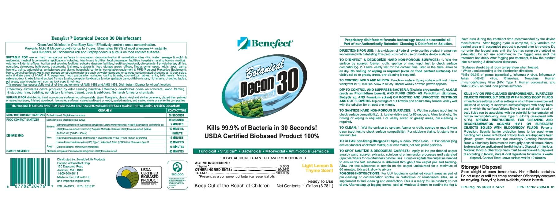 Benefect Botanical Decon 30 Disinfectant Cleaner - All Natural Formula for Effective Cleaning Power - Ideal for Restoration Jobs & Water Damage - 20476 - 1 Gallon