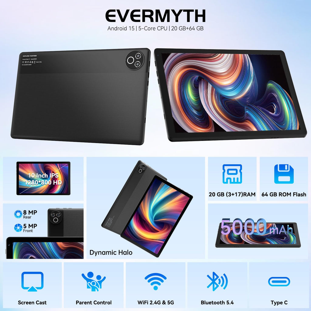 tablet de 10 pulgadas con Android 15 OS GMS certificadas tabletas PC 1.8 GHz 5-Core 20 (3+17) GB RAM 64 GB ROM 1 TB expandible 1280x800 HD IPS visualización táctil 5000 mAh WiFi 6 Bluetooth 5.4 cámara