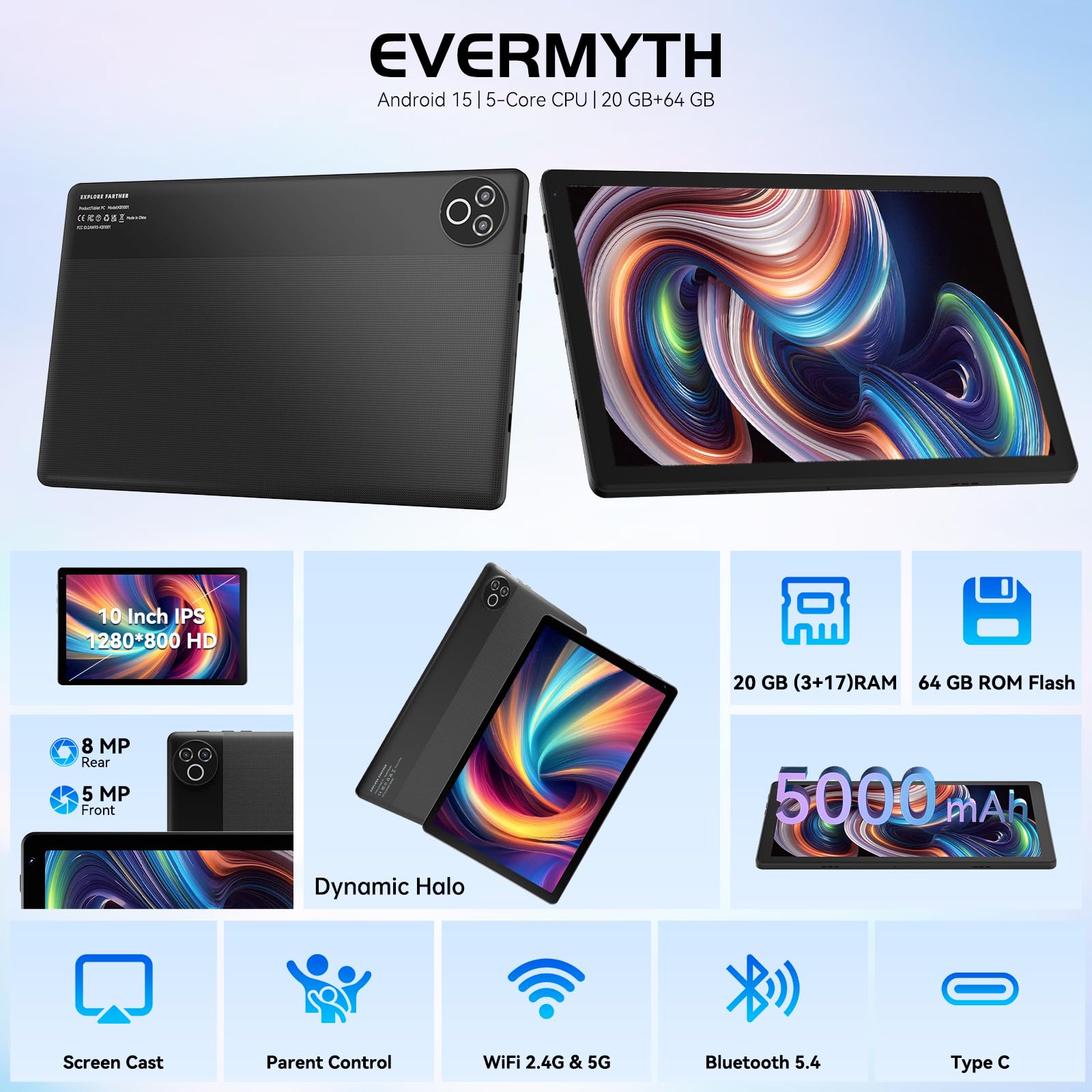 tablet de 10 pulgadas con Android 15 OS GMS certificadas tabletas PC 1.8 GHz 5-Core 20 (3+17) GB RAM 64 GB ROM 1 TB expandible 1280x800 HD IPS visualización táctil 5000 mAh WiFi 6 Bluetooth 5.4 cámara