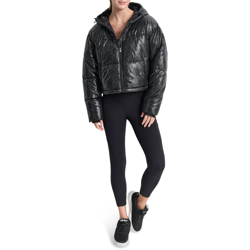 DKNY Embossed Crosswalk Print Cropped Puffer Jacket Chaqueta, Negro, S Mujeres