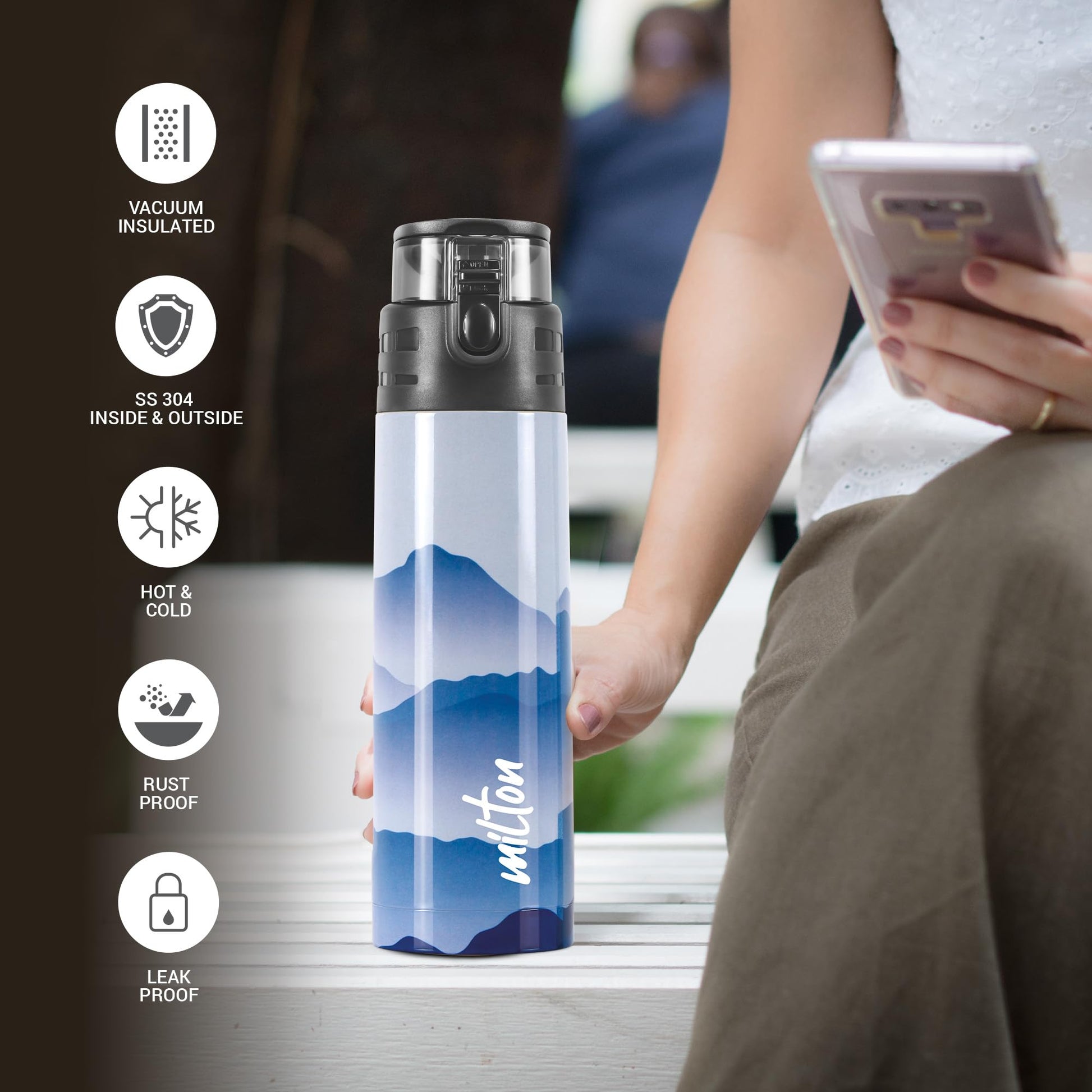 Milton Artesia 900 Thermosteel Insulated Water Bottle, 750 ml, Blue | Hot and Cold | Leak Proof | Office Bottle | Sports | Home | Kitchen | Hiking | Treking | Travel | Easy to Carry | Rust Proof