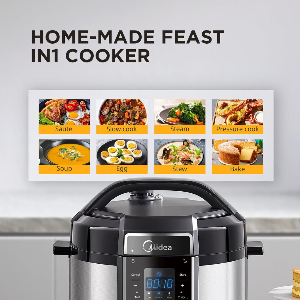 Midea 6L Electric Pressure Cooker, Stainless Steel, 12 Presets, 24H Delay | Non-Stick Inner Pot, 12 Preset Cooking Functions, LED Display, 10 Safety Features, 24H Delay Timer, Black, MPC60010