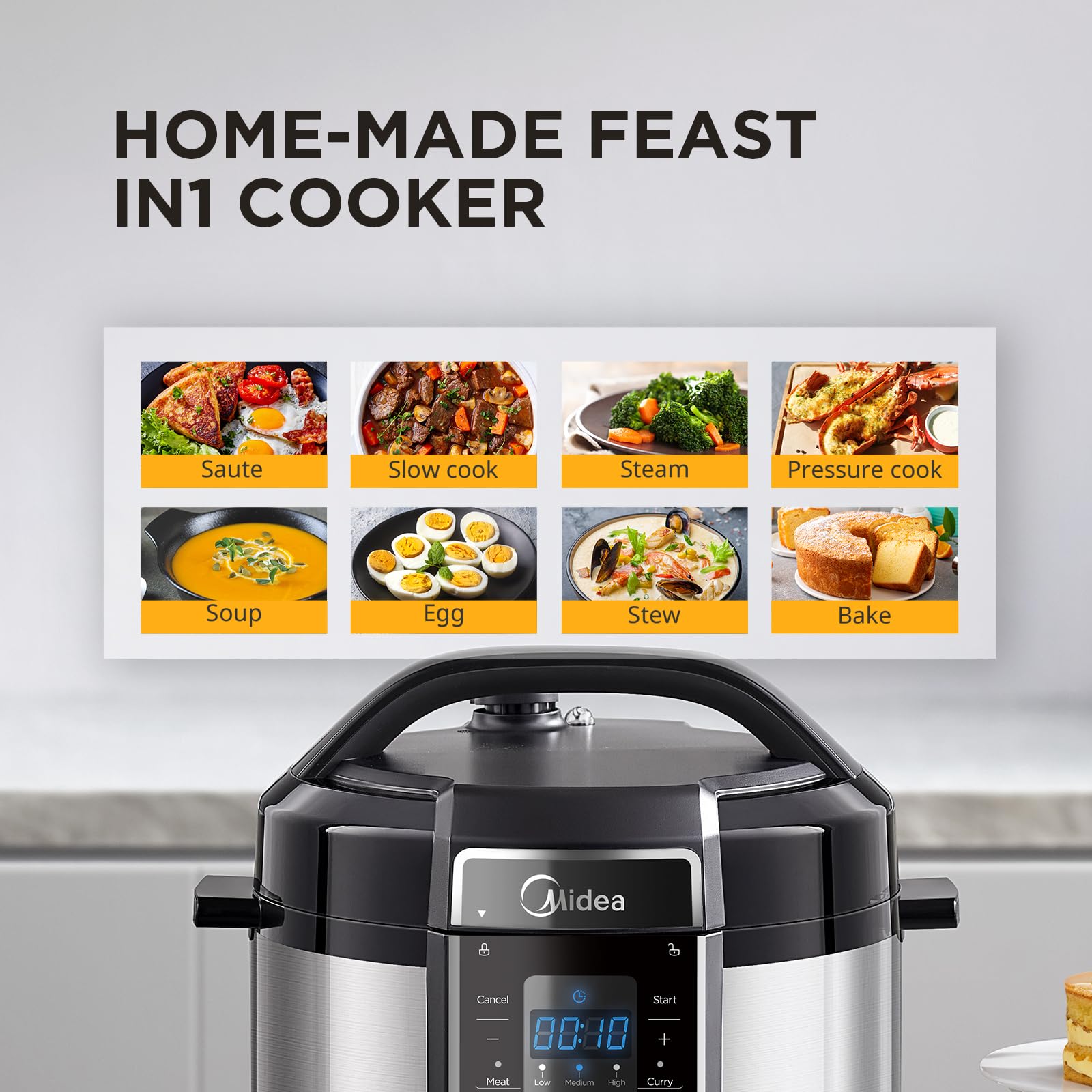 Midea 6L Electric Pressure Cooker, Stainless Steel, 12 Presets, 24H Delay | Non-Stick Inner Pot, 12 Preset Cooking Functions, LED Display, 10 Safety Features, 24H Delay Timer, Black, MPC60010