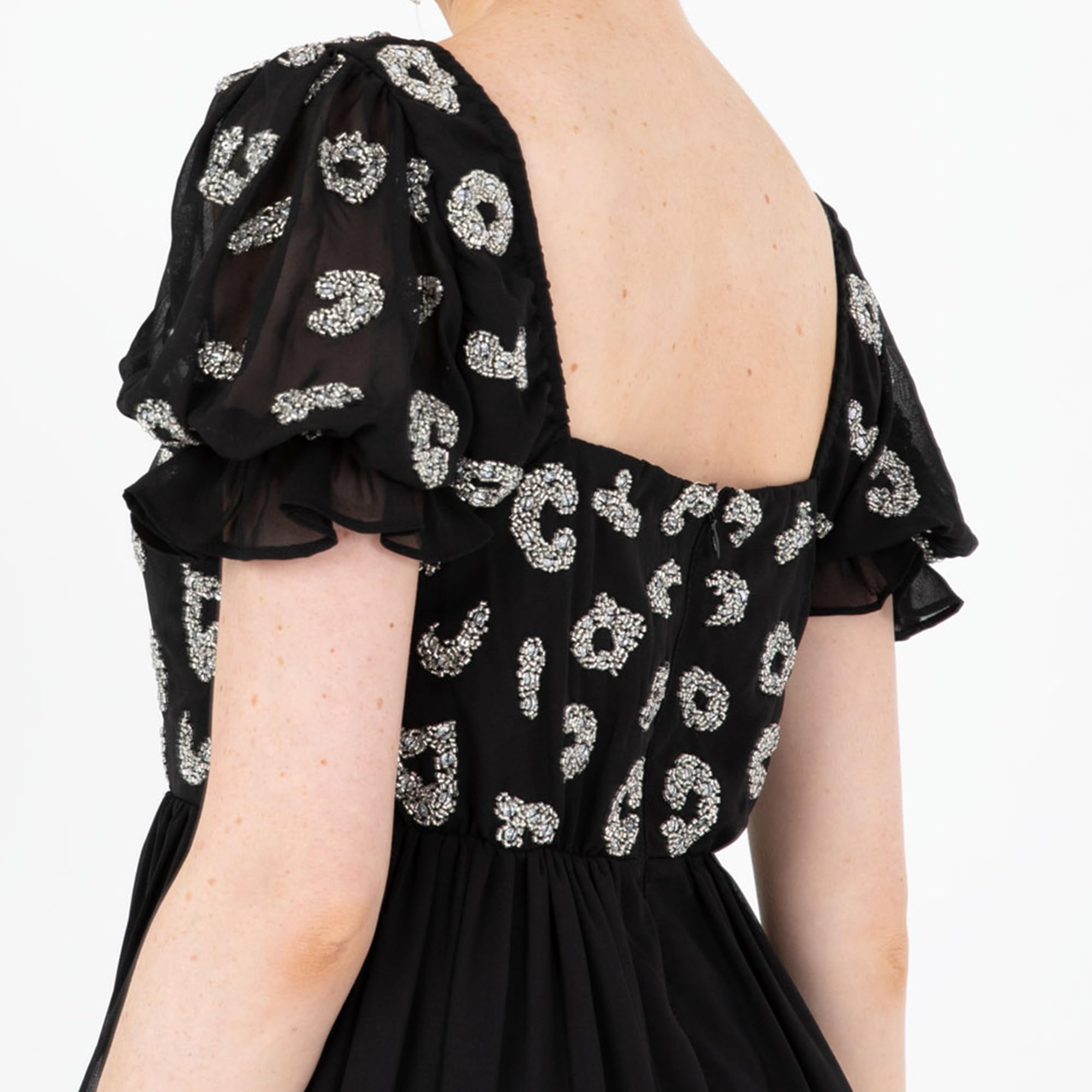 Lovedrobe Women's Midaxi Dress Ladies Animal Sequin Embellished Short Puff Sleeve Square Neck A-Line for Evening Party Cocktail Vestido, Black, 40 para Mujer