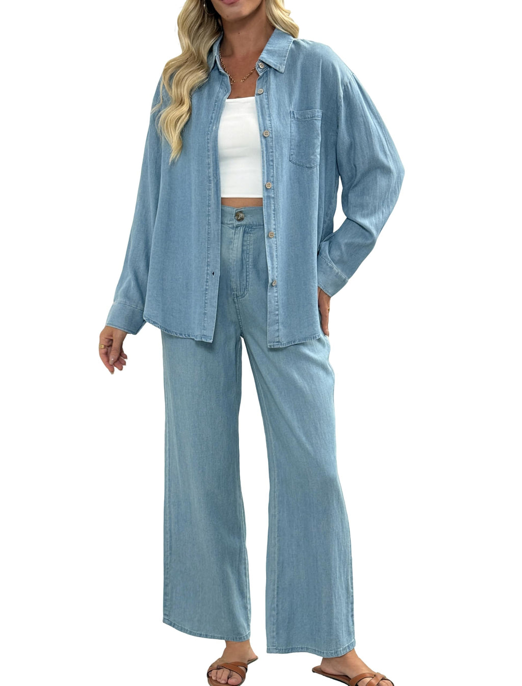 Fakanhui Women's Denim Jeans 2 Piece Outfits Lightweight Long Sleeve Button Down T Shirts Blouse Top Summer Casual Pant Sets, Light Blue, Large