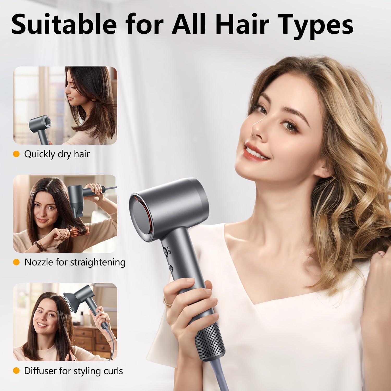 Professional High-Speed Hair Dryer, 160000 RPM Brushless Motor Blow Dryer, 500M Negative Ions for Hair Protection, 4 Heat & Speed Settings, Thermo-Control Hairdryer, Lightweight, Low Noise, Magnetic Nozzle & Diffuser, Grey
