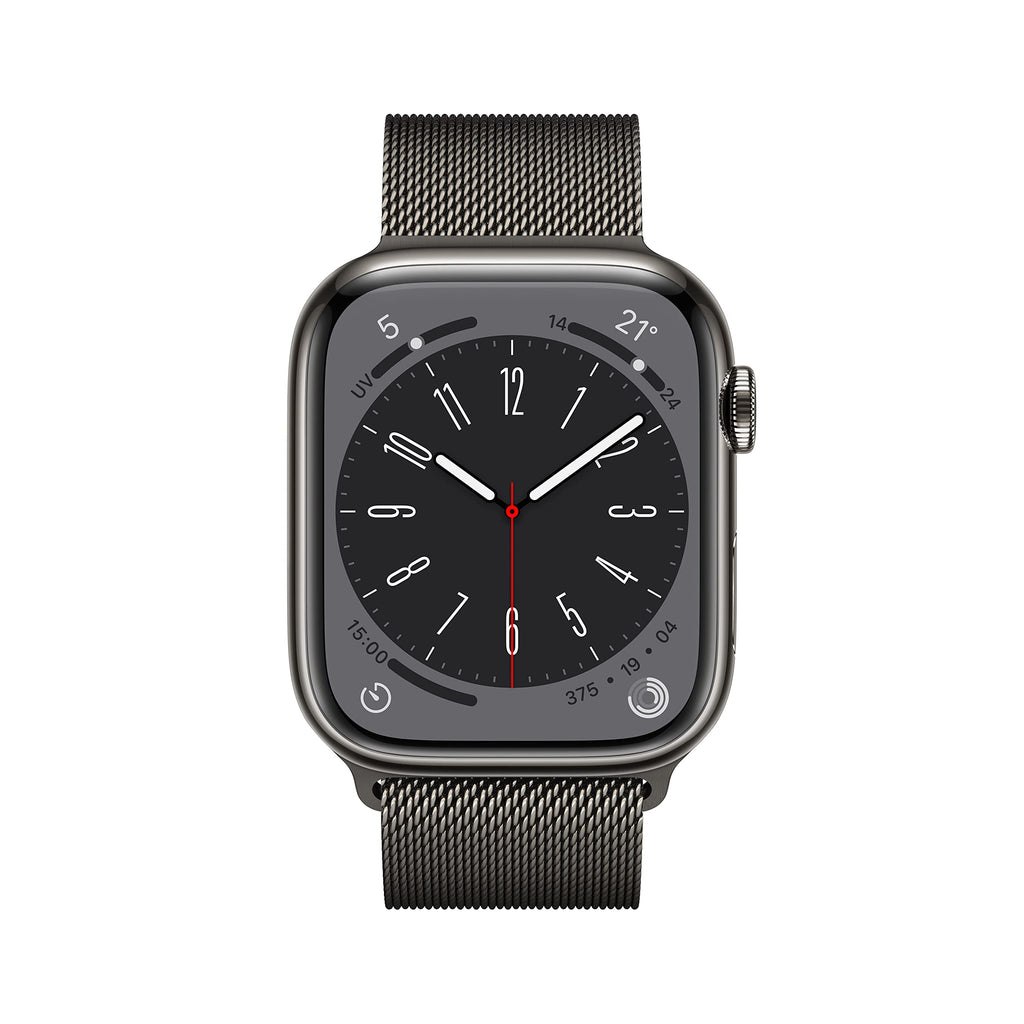 Apple Watch Series 8 (GPS + Cellular, 45mm) Smartwatch con cassa in acciaio inossidabile color grafite con Loop in maglia milanese color grafite. Fitness tracker, app Livelli O₂, resistente all’acqua