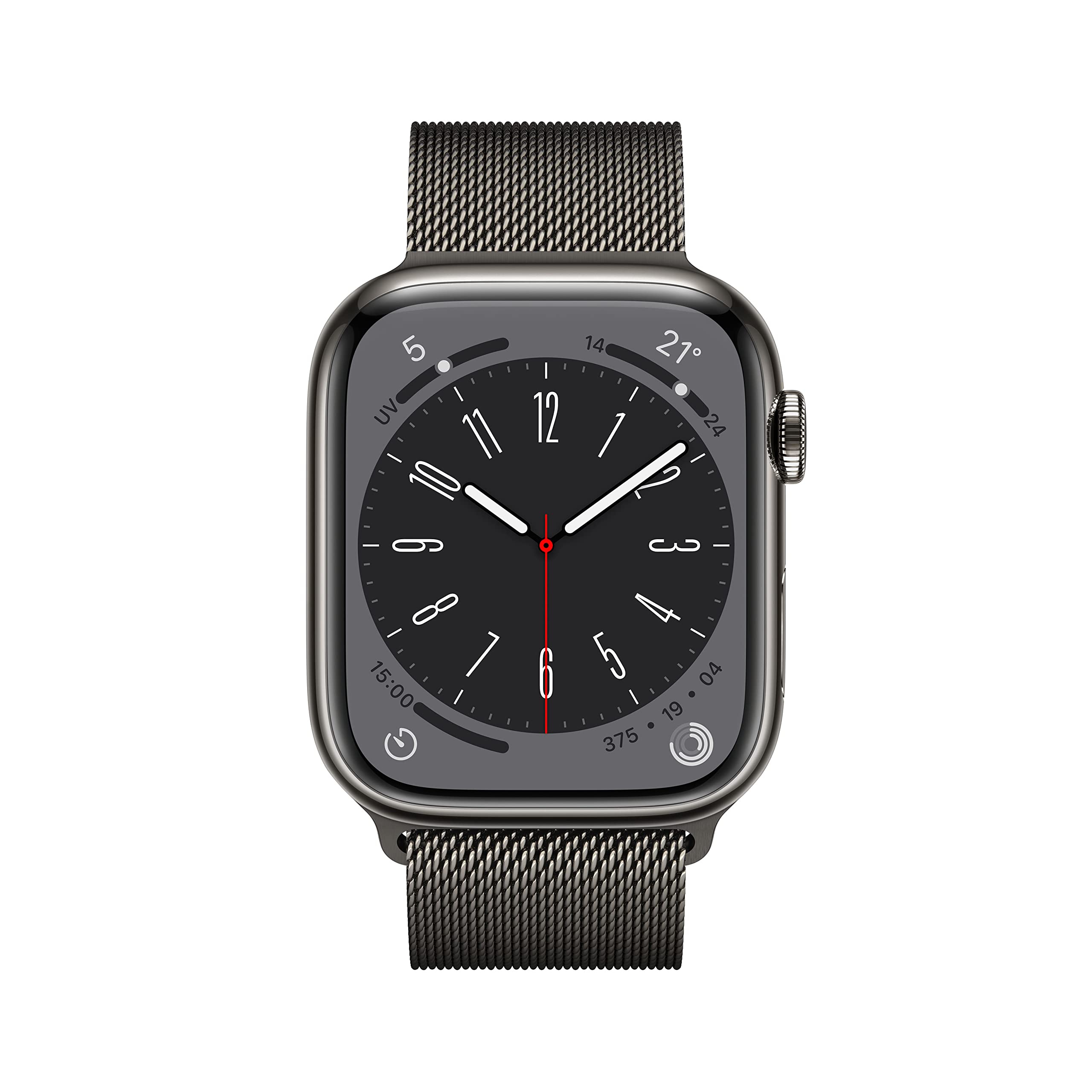 Apple Watch Series 8 (GPS + Cellular, 45mm) Smartwatch con cassa in acciaio inossidabile color grafite con Loop in maglia milanese color grafite. Fitness tracker, app Livelli O₂, resistente all’acqua