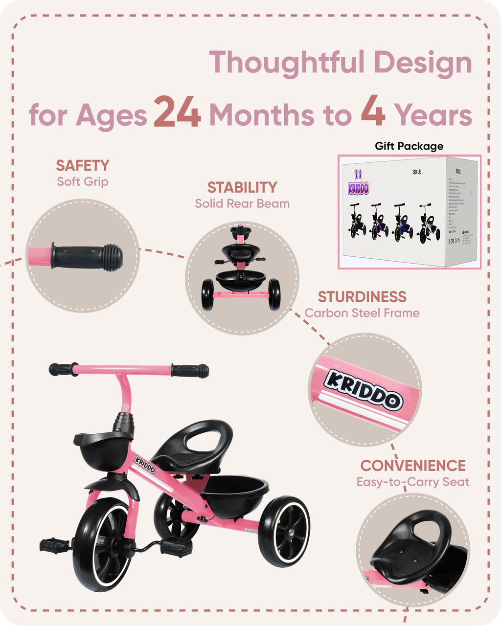 KRIDDO Tricycle for 2-5 Year Olds - Pink Toddler Trike With Gift for 24 Month to 4 Year Old Girls