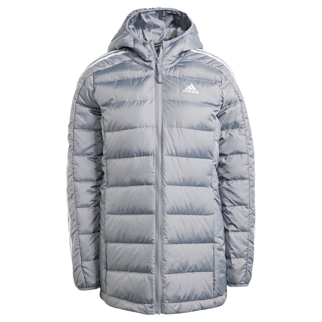 adidas Mujer Essentials 3-Stripes Light Down Hooded Parka, Grey, S